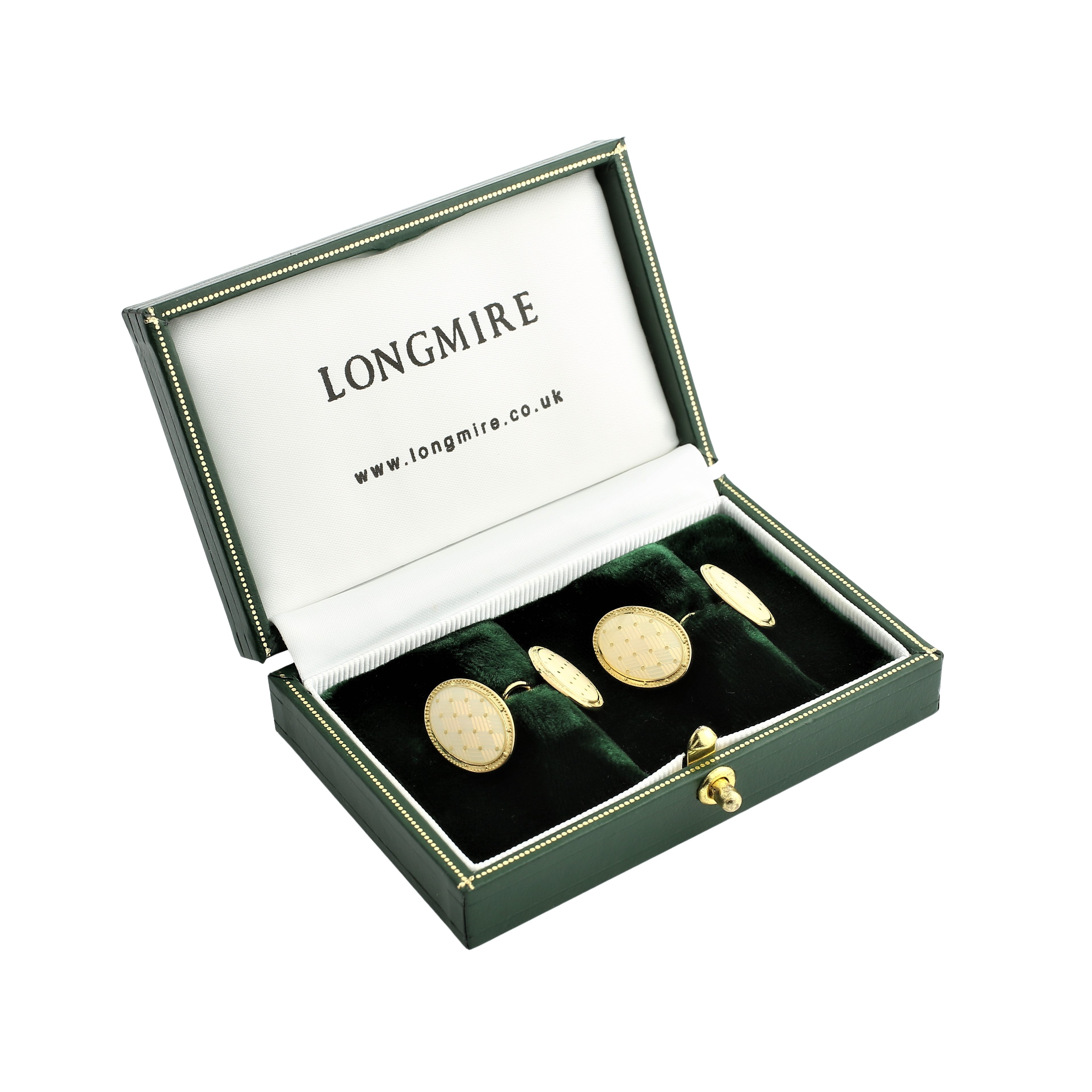 BASKET WEAVE CREAM ENAMEL 18ct YELLOW GOLD CUFFLINKS - boxed
