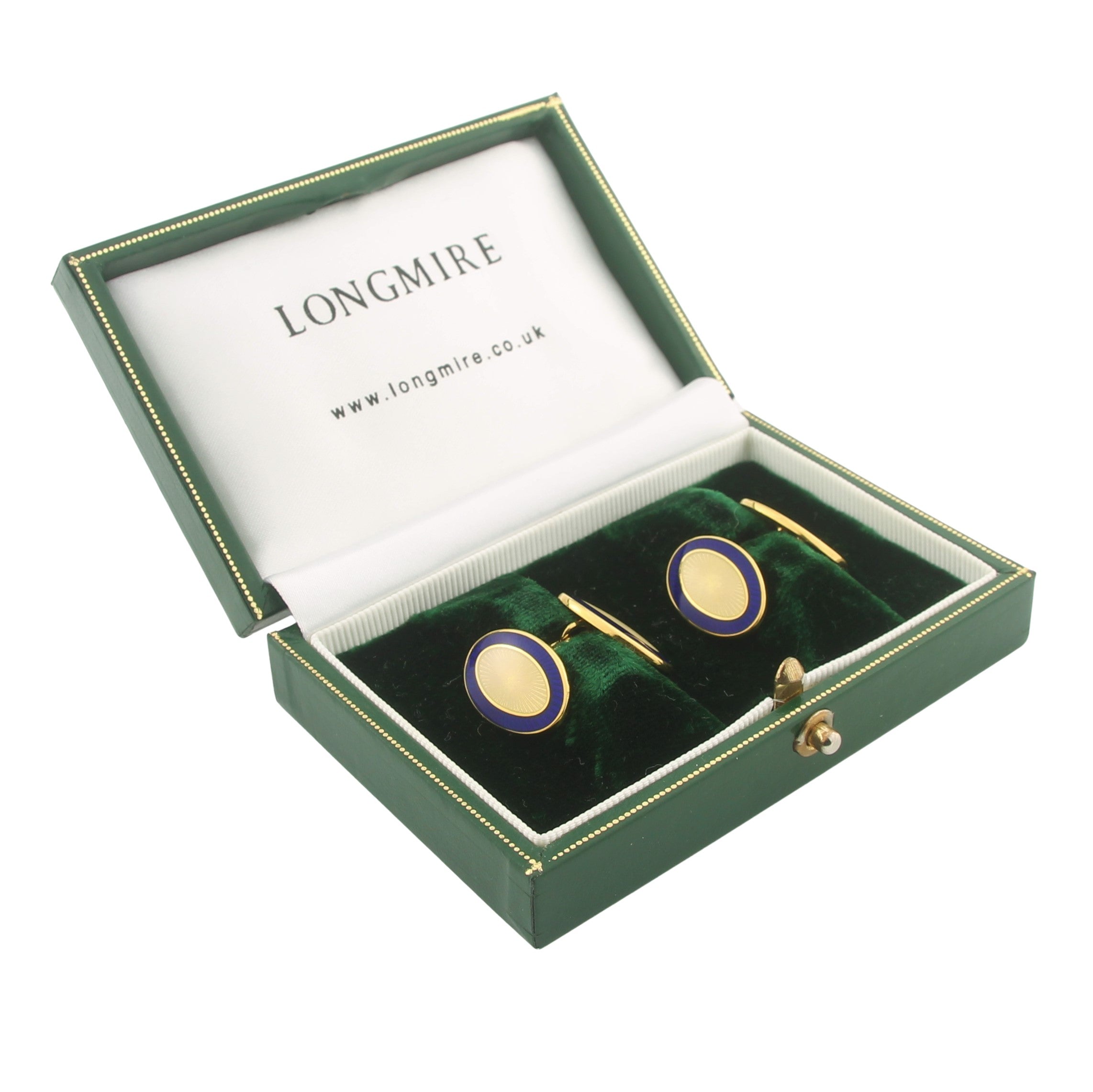 DOUBLE OVAL BLUE/CREAM ENAMEL 18ct YELLOW GOLD CUFFLINKS - boxed