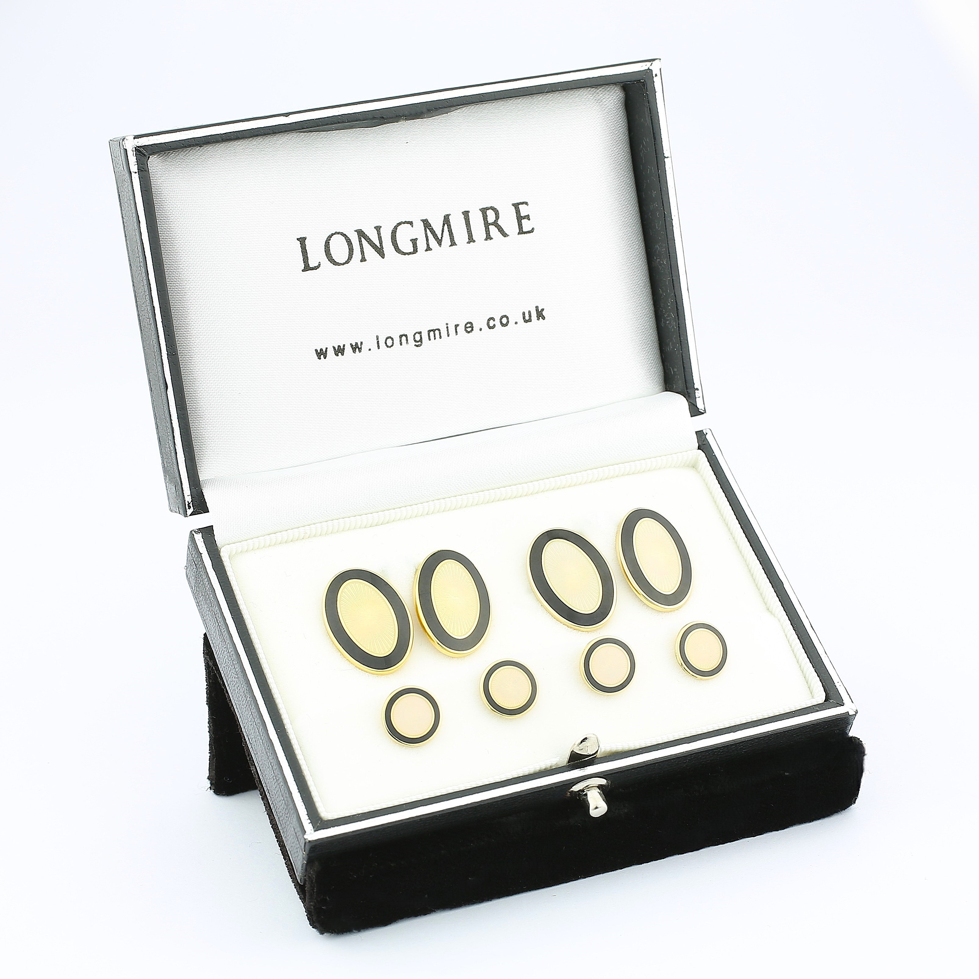 double oval black/cream enamel dress set 18ct yellow gold - boxed