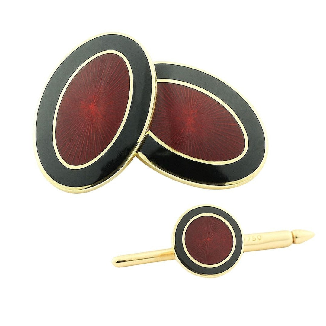 double oval black/red enamel dress set 18ct yellow gold - main