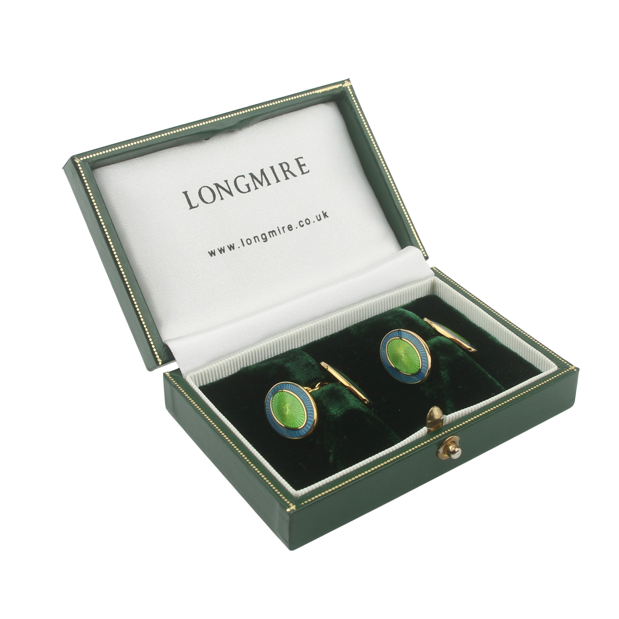 DOUBLE OVAL BLUE/GREEN ENAMEL 18ct YELLOW GOLD CUFFLINKS - boxed