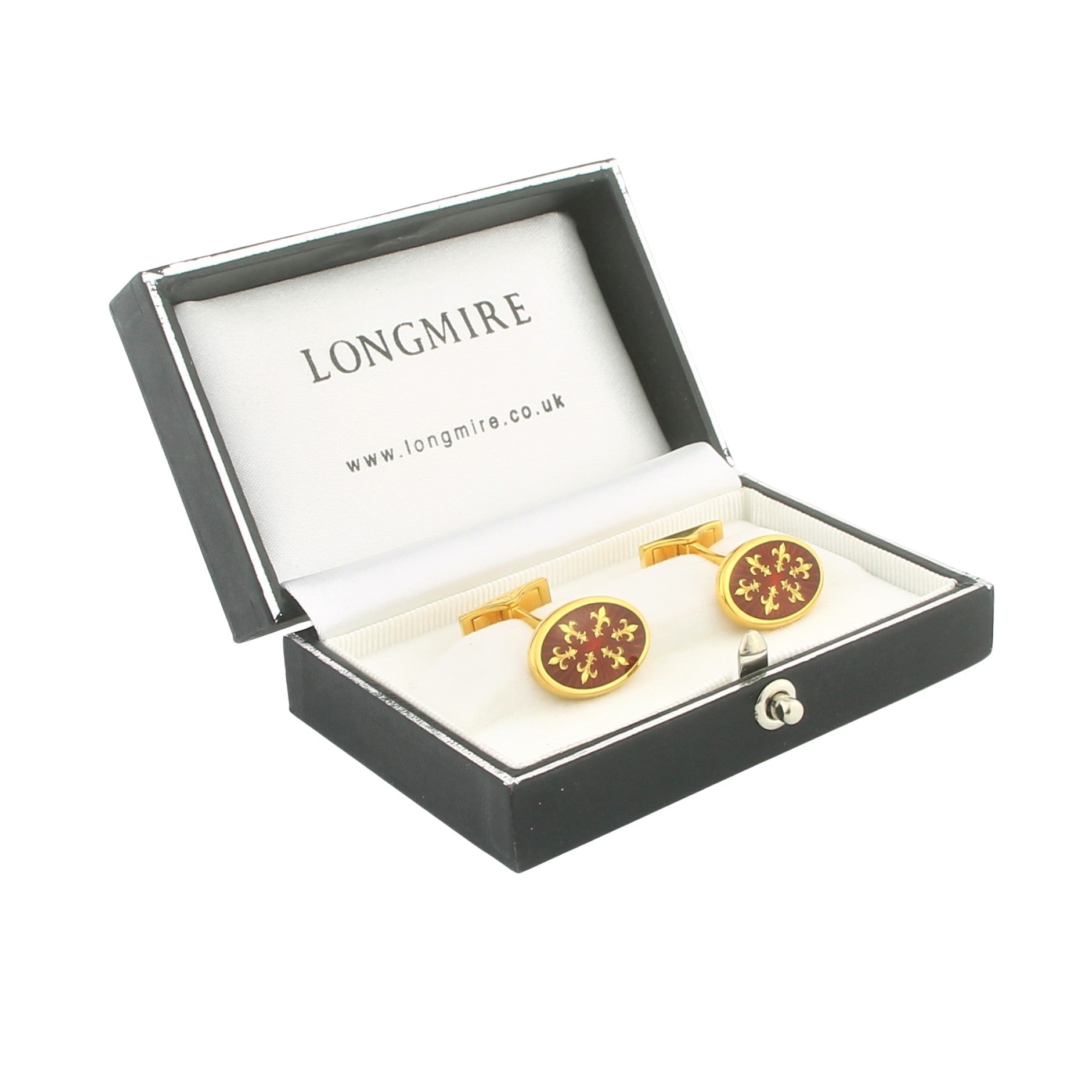 FLEURS DE LYS PAILLONS RED ENAMEL 18ct YELLOW GOLD CUFFLINKS - boxed