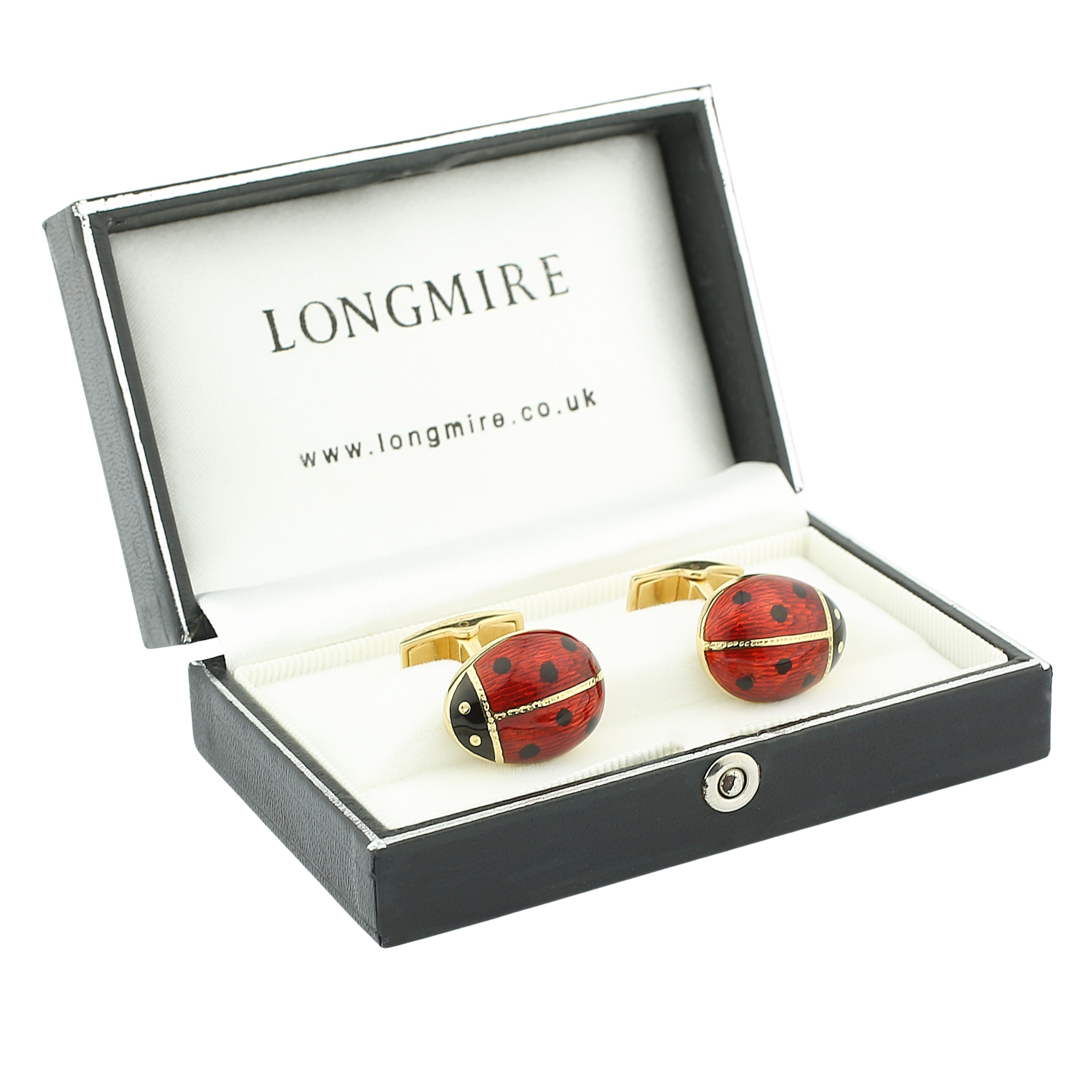 ladybird/bug hand enamelled t-bar 18ct yellow gold cufflinks - boxed