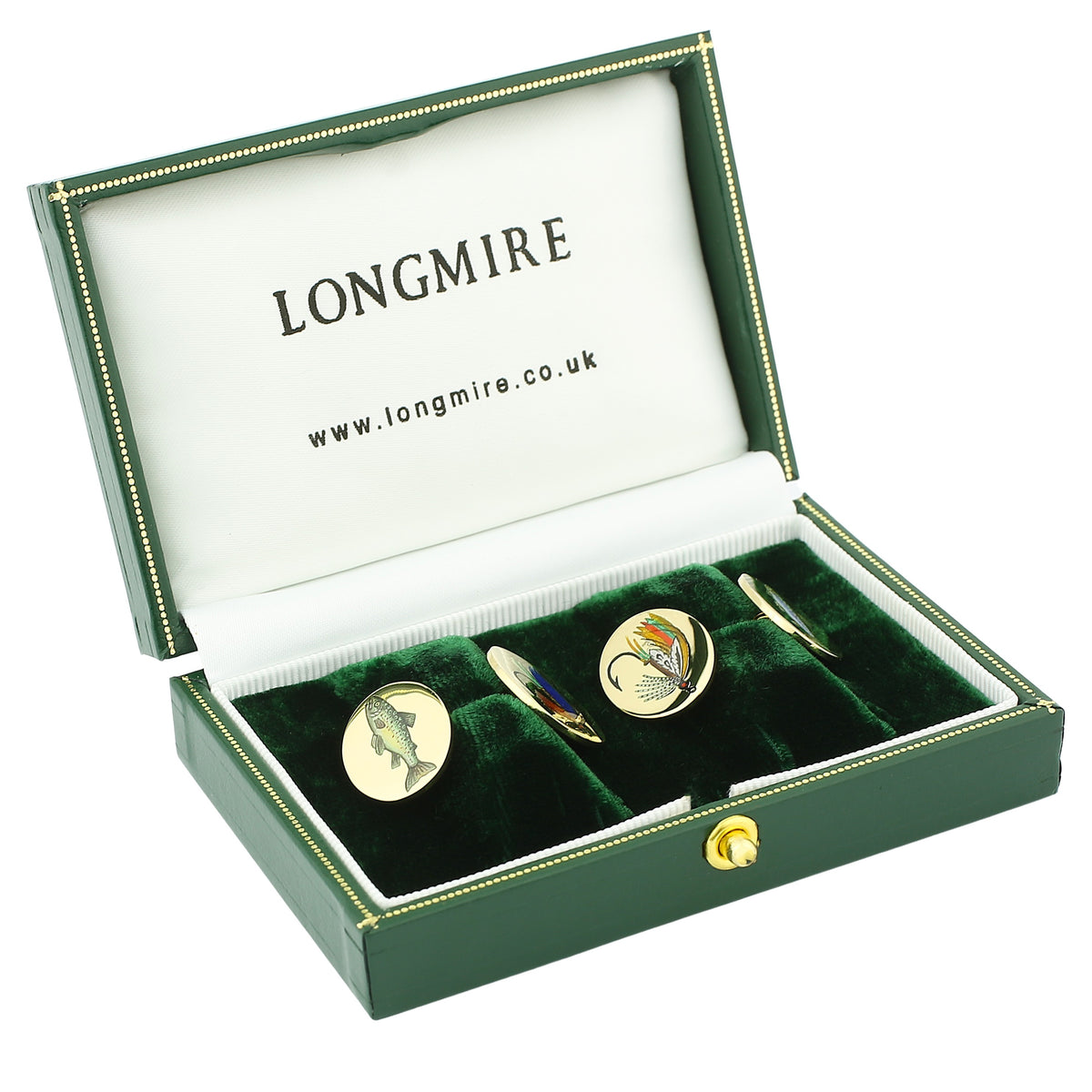 fish and fly hand enamelled 18ct YELLOW GOLD CUFFLINKS - boxed