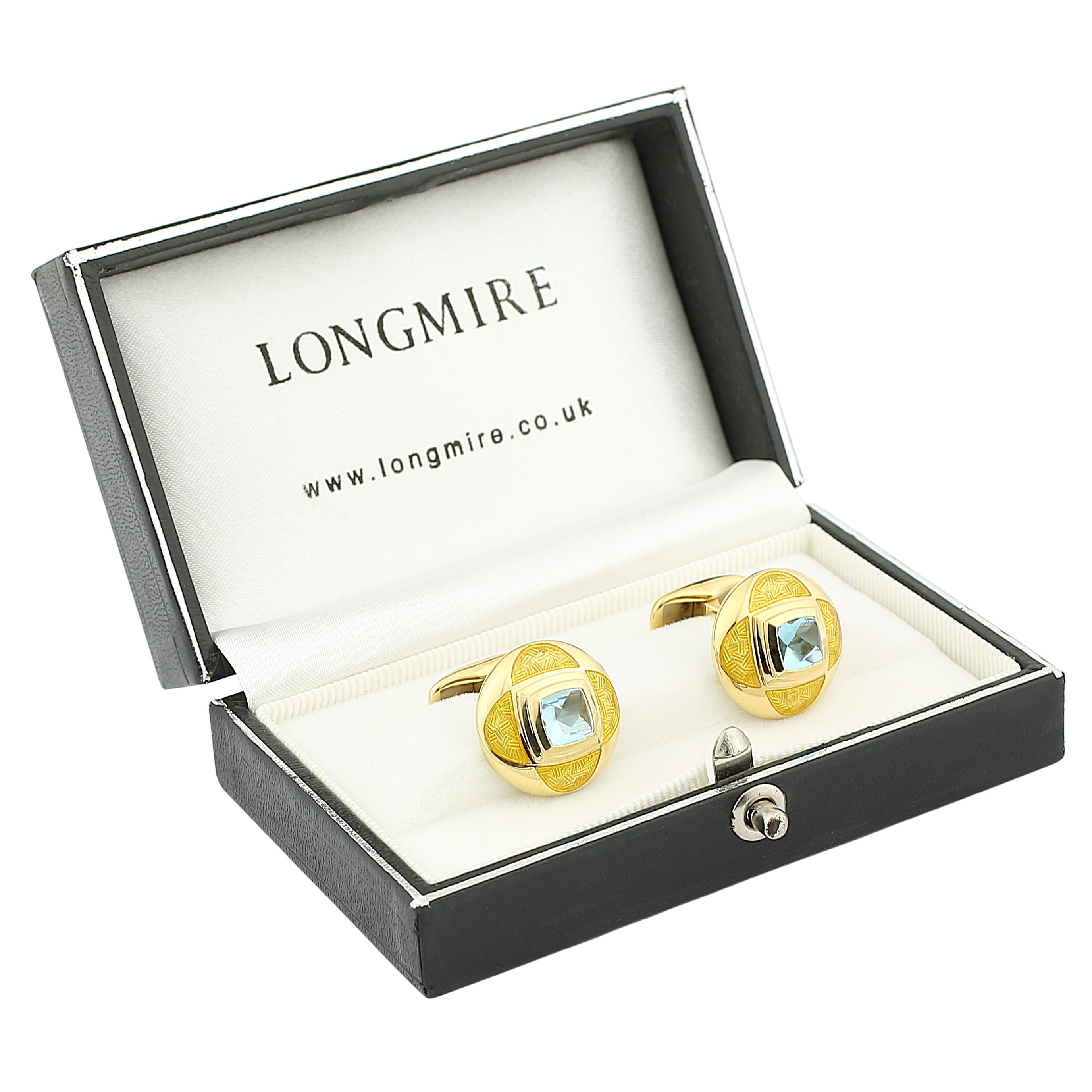 circle of light yellow enamelled blue topaz 18ct yellow gold cufflinks - boxed