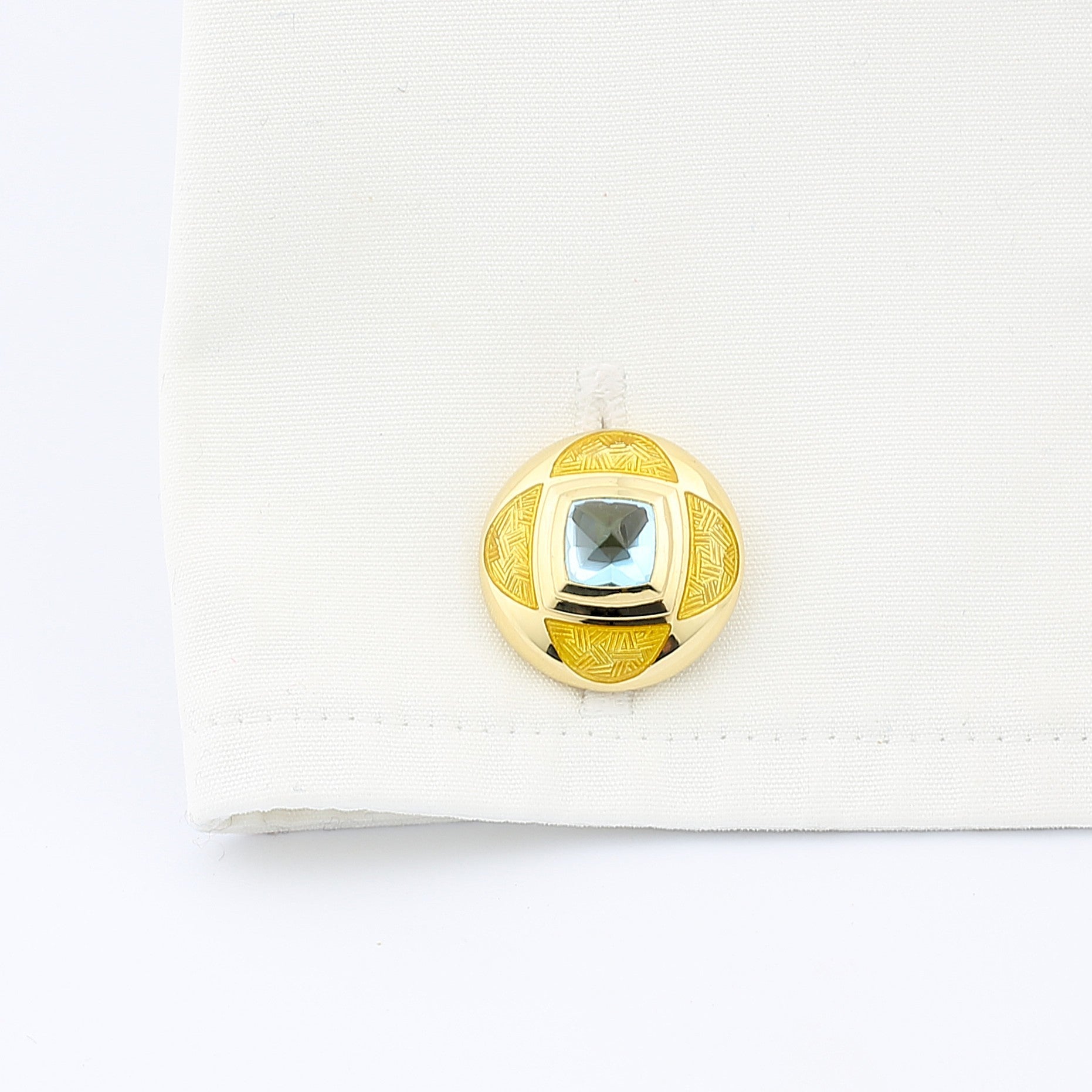 circle of light yellow enamelled blue topaz 18ct yellow gold cufflinks - cuff