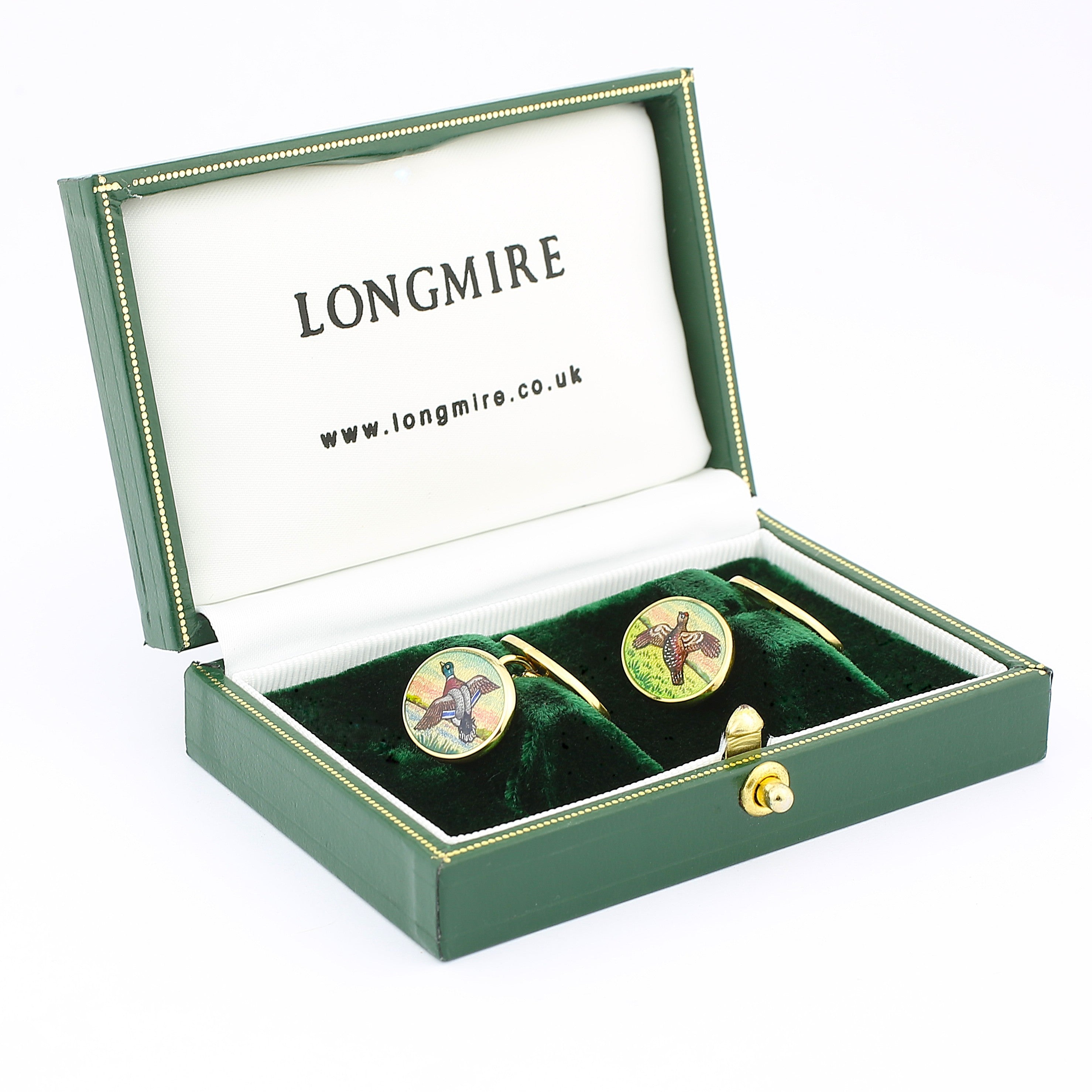 GAMEBIRDS PAINTED BACKGROUND 18ct YELLOW GOLD CUFFLINKS - box
