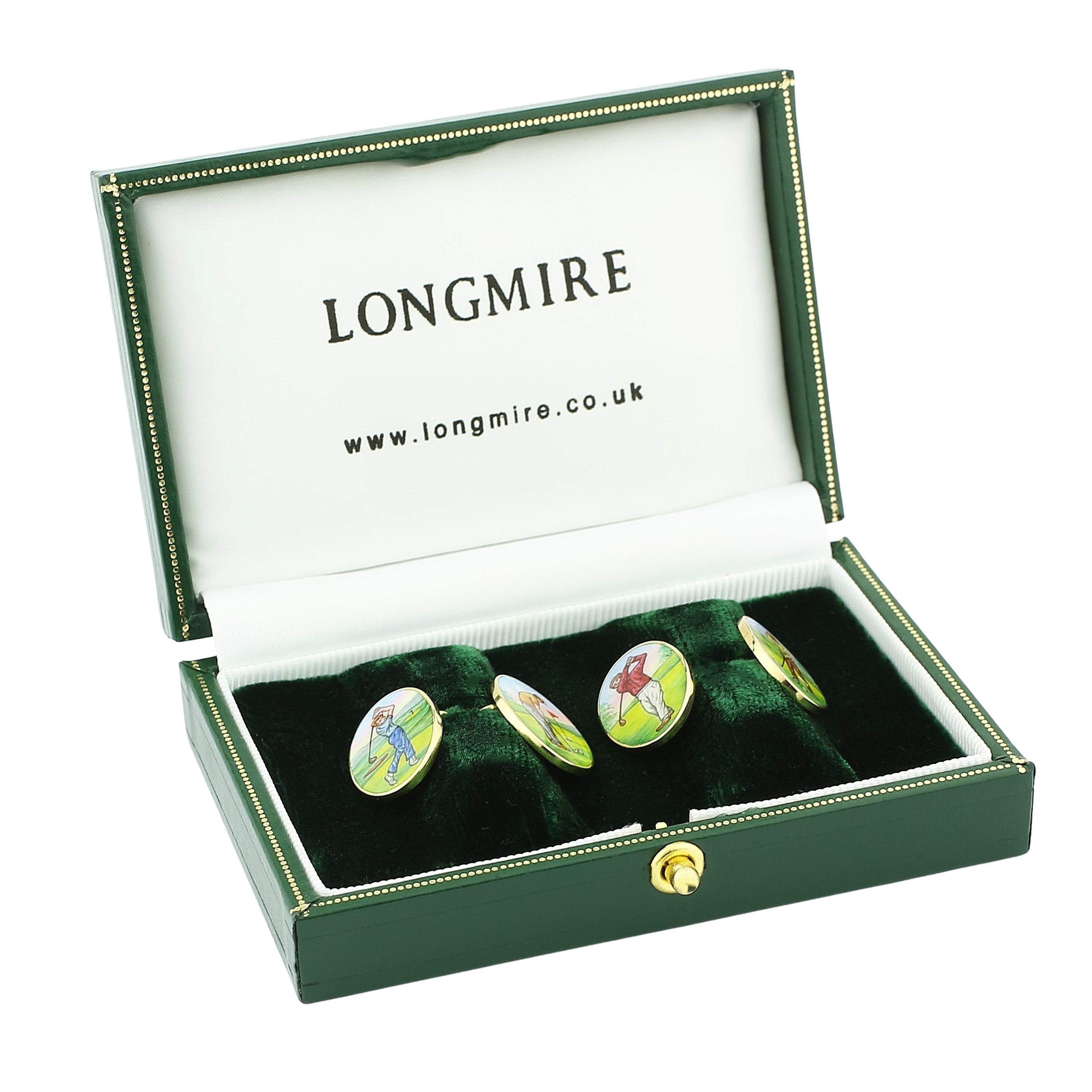 golfers PAINTED BACKGROUND 18ct YELLOW GOLD CUFFLINKS - boxed
