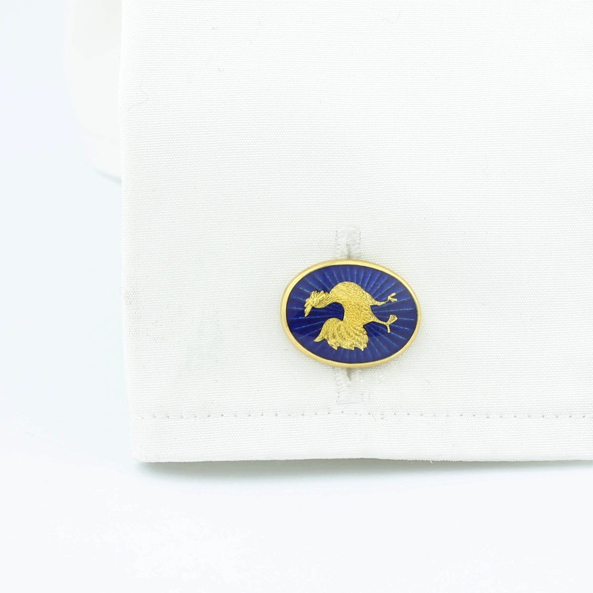 Cockerel paillon blue enamel 18ct yellow gold in a cuff