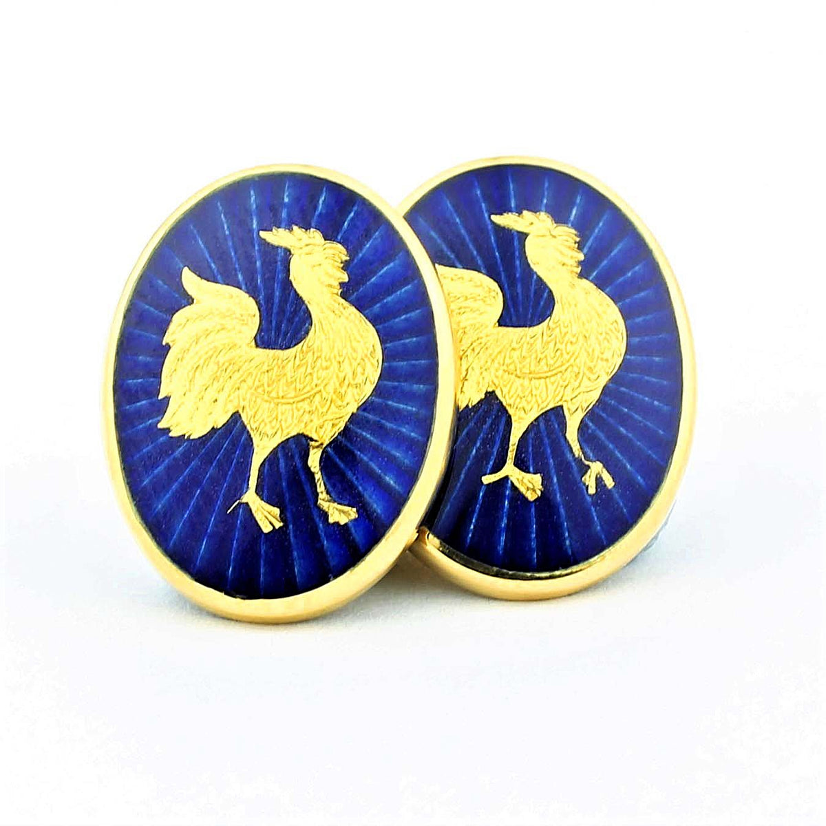 Cockerel paillon blue enamel 18ct yellow gold