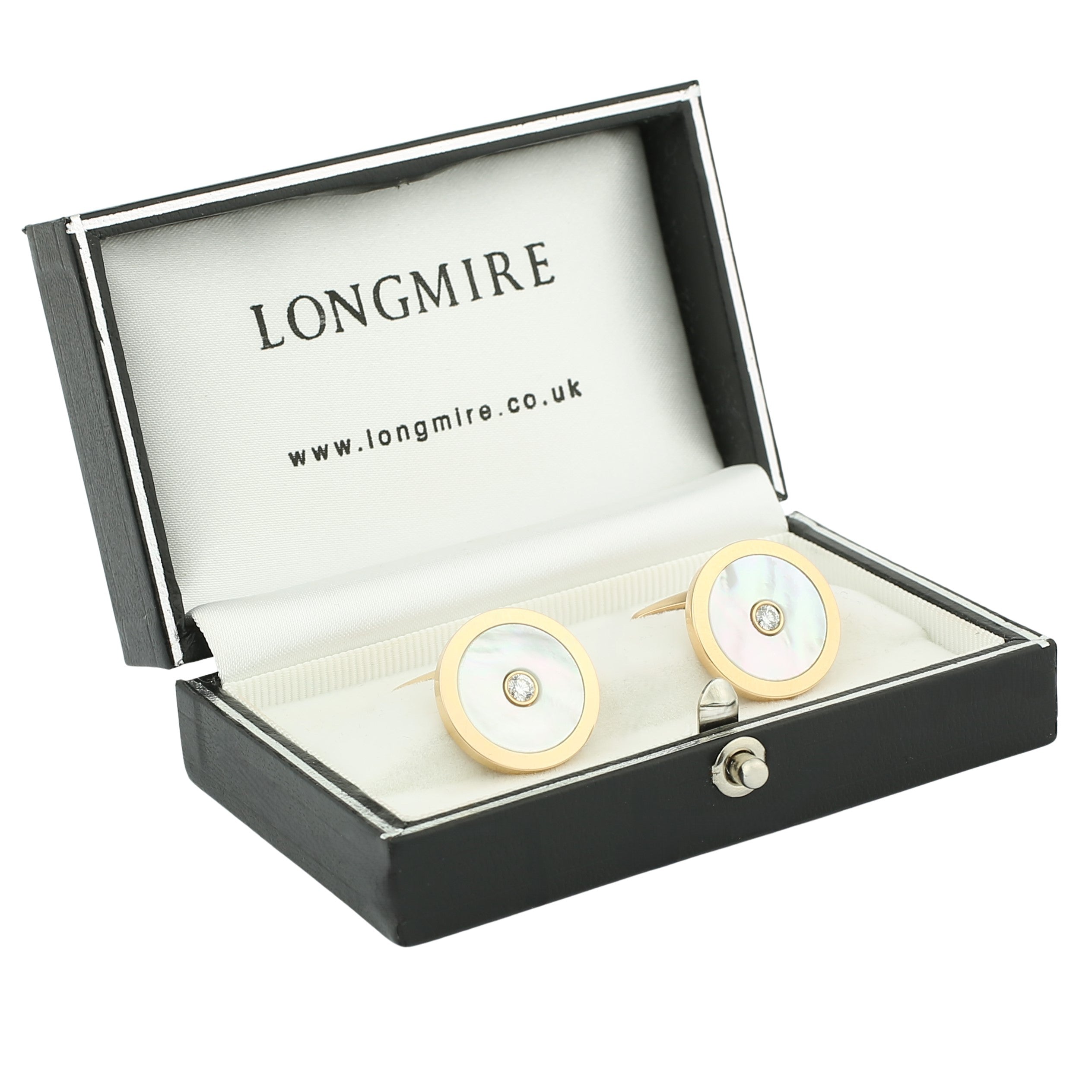 circle of mother of pearl with centre diamond 18ct rose gold cufflinks - boxed
