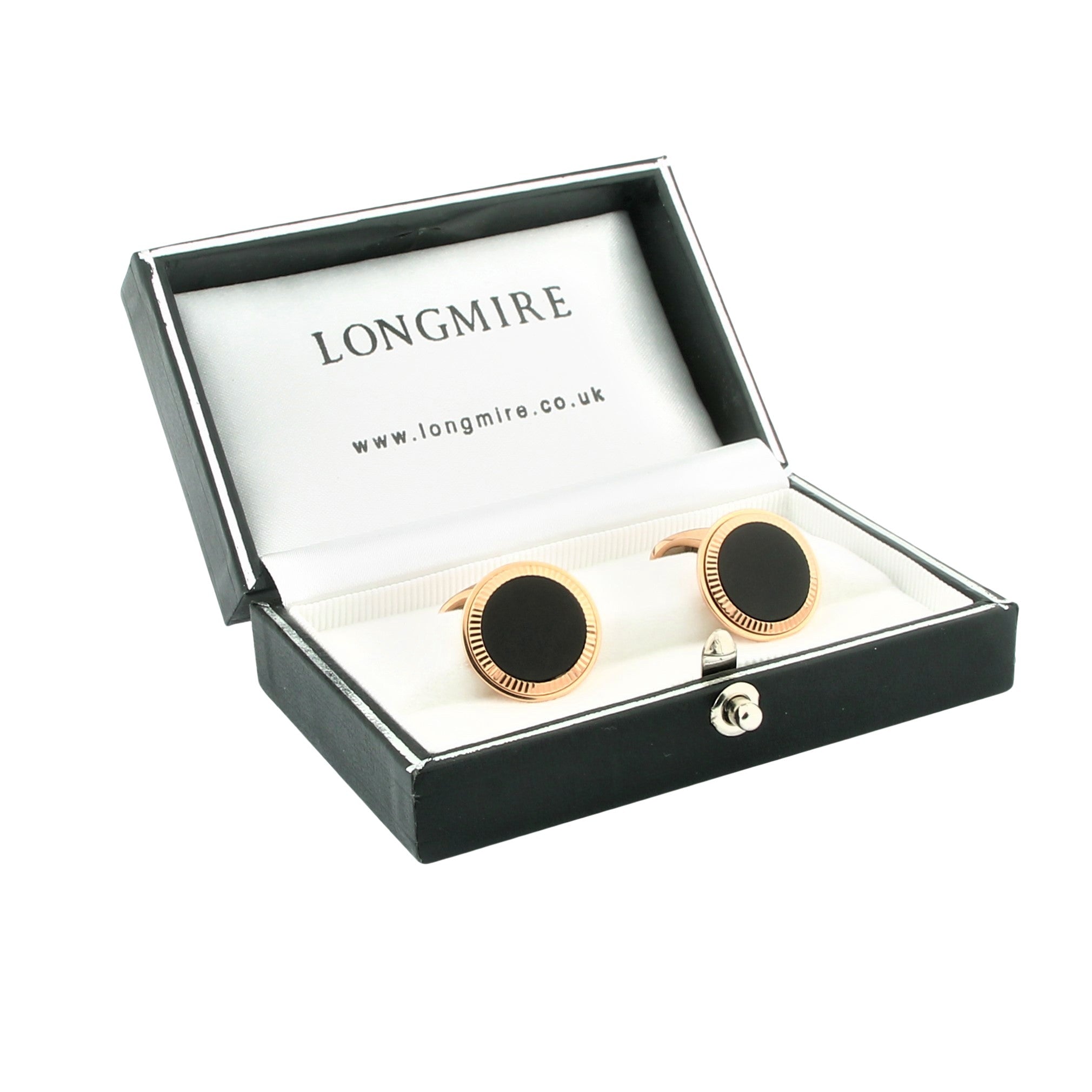 ONYX FLUTED 18ct ROSE GOLD CUFFLINKS - boxed