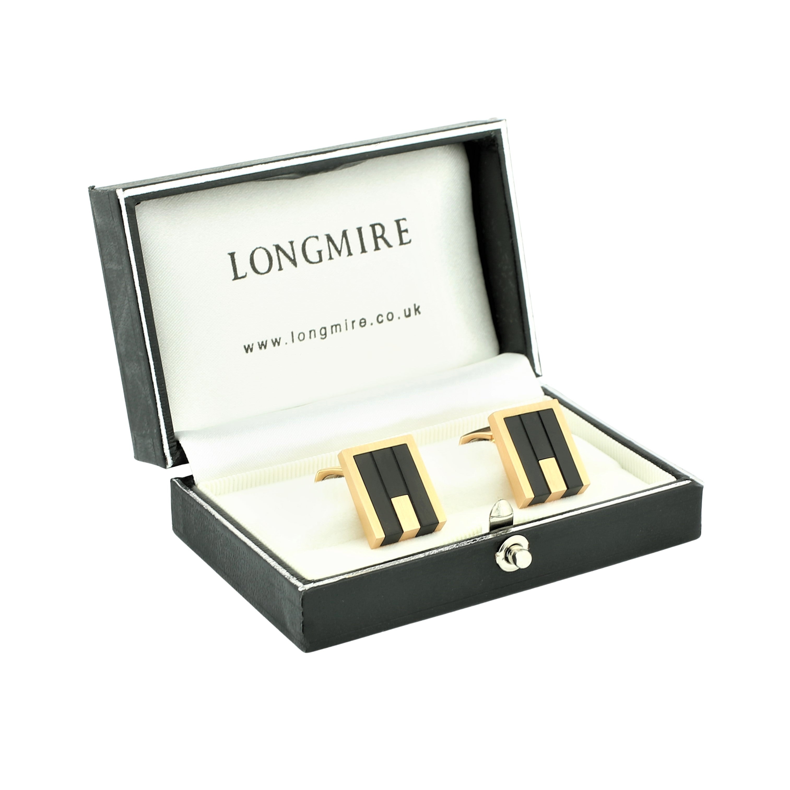 ONYX WEDGE - GROOVED AND WITH INSET 18ct ROSE GOLD CUFFLINKS - boxed