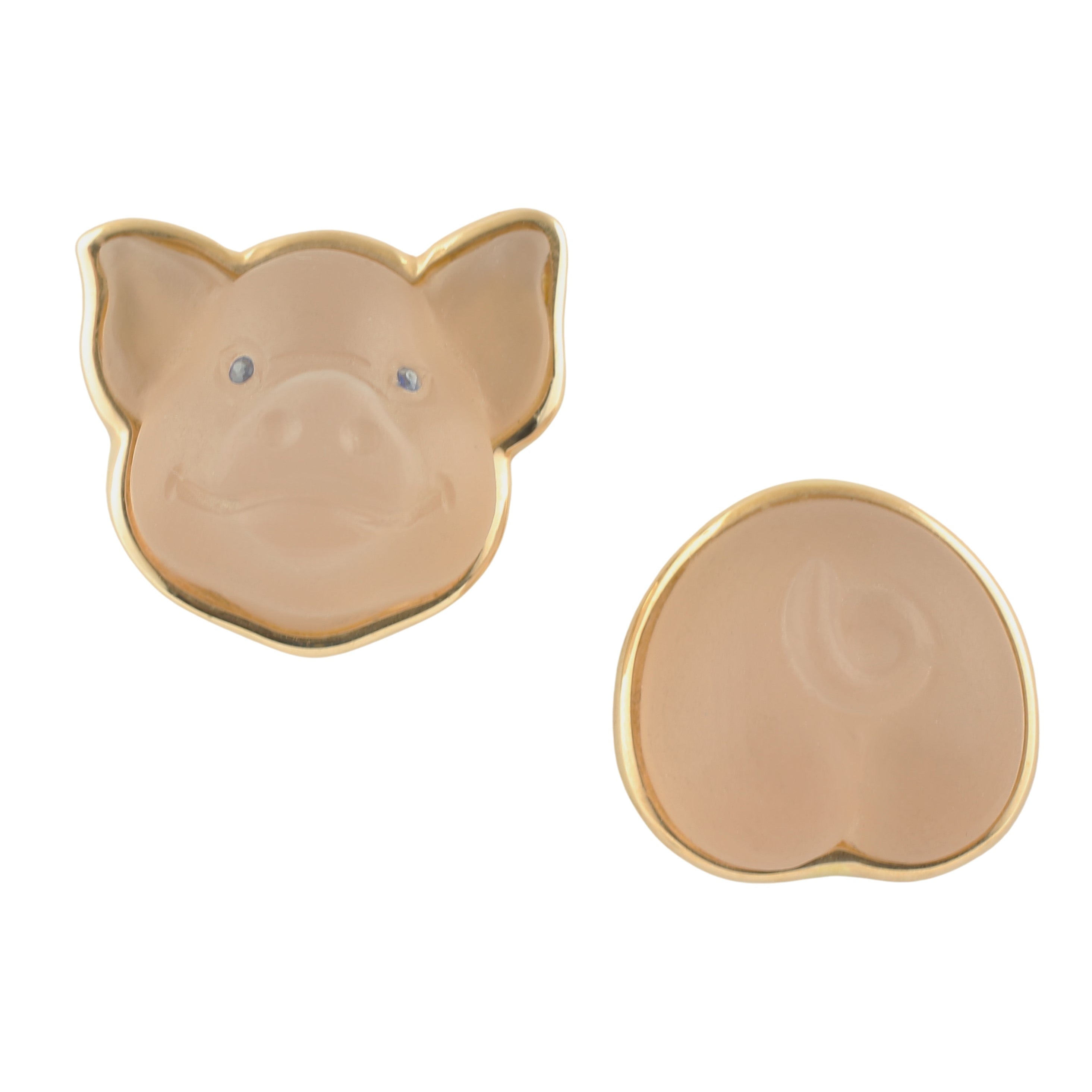 cheeky chubby pig rose quartx with sapphire eyes 18ct rose gold cufflinks - front and rear