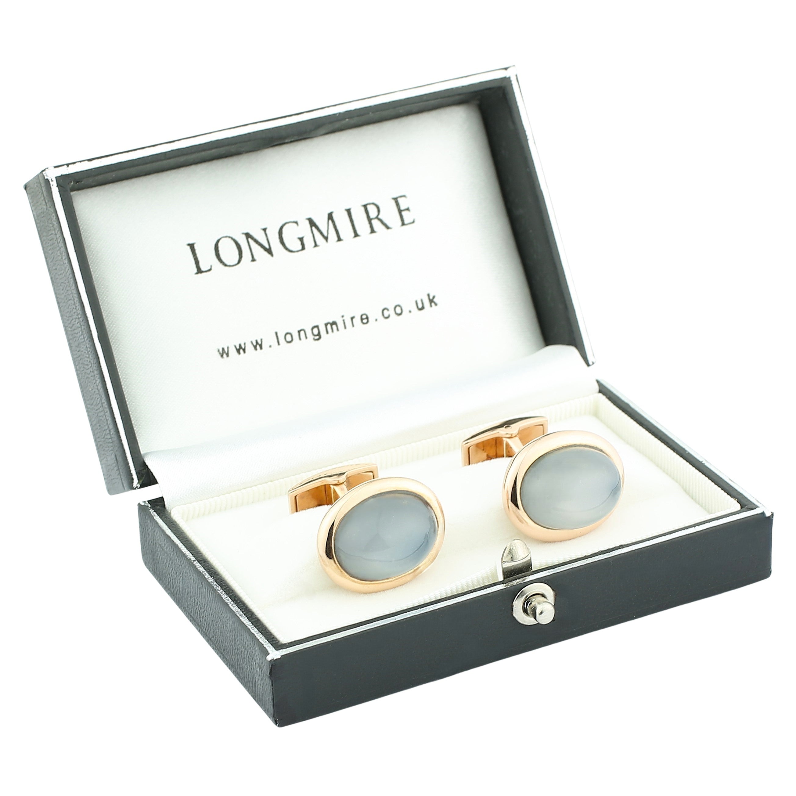 white moonstone onyx oval cabochons 18ct rose gold cufflinks - boxed
