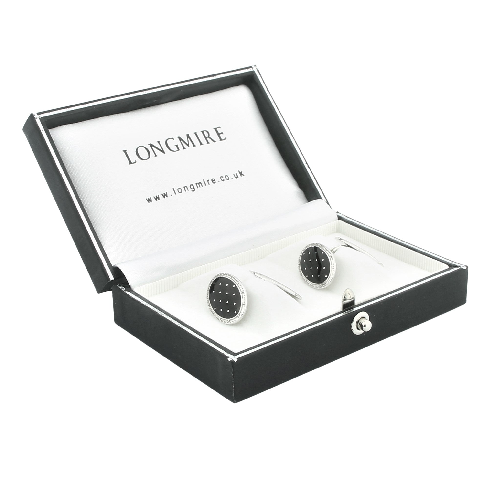 BASKET weave BLACK ENAMEL 18ct WHITE GOLD CUFFLINKS - boxed