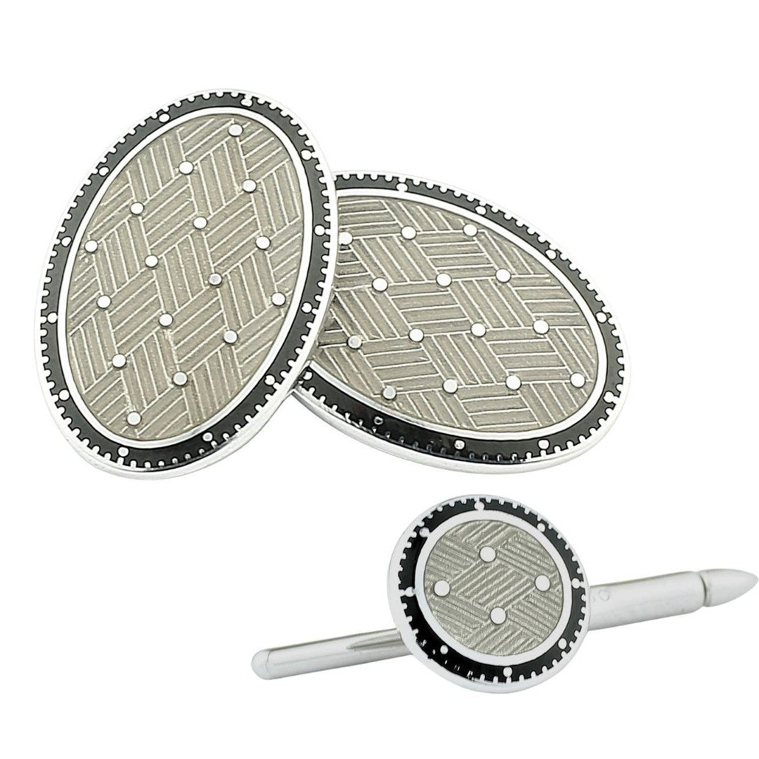BASKET WEAVE DRESS SET BLACK/TRANSLUCENT GREY ENAMEL 18ct WHITE GOLD - main
