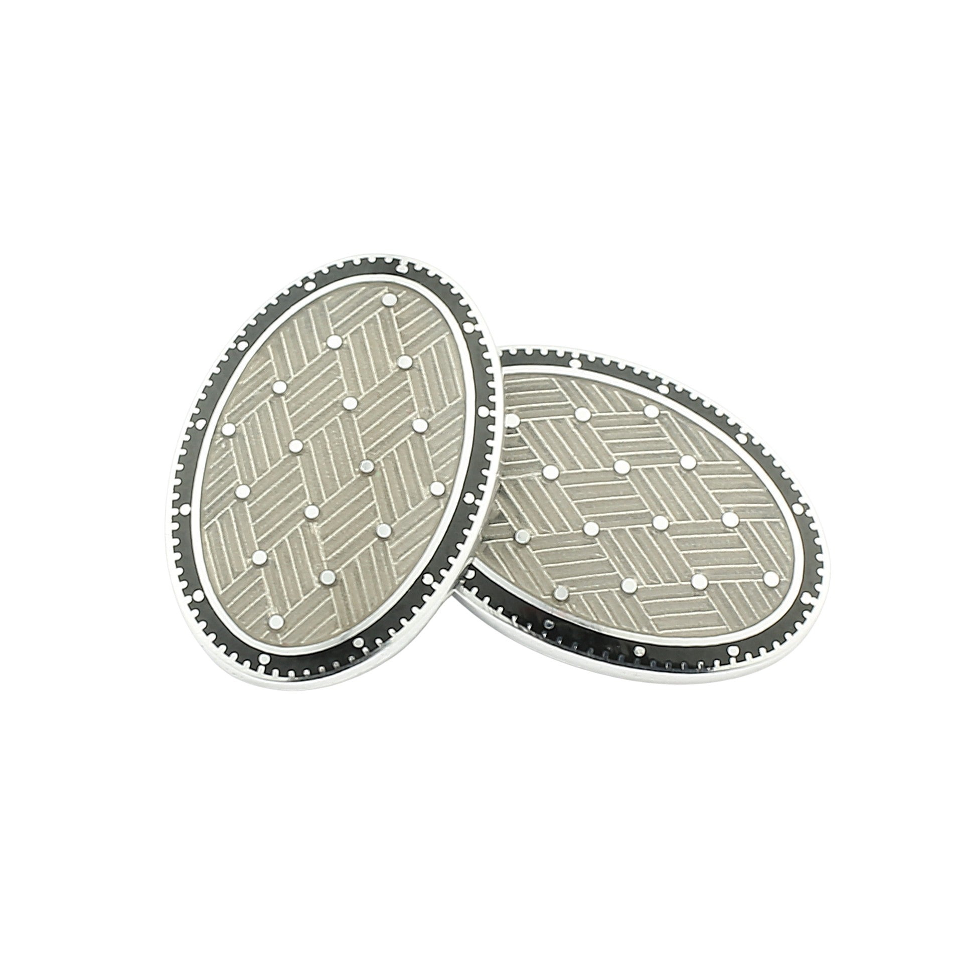 BASKET WEAVE DRESS SET BLACK/TRANSLUCENT GREY ENAMEL 18ct WHITE GOLD - cufflink