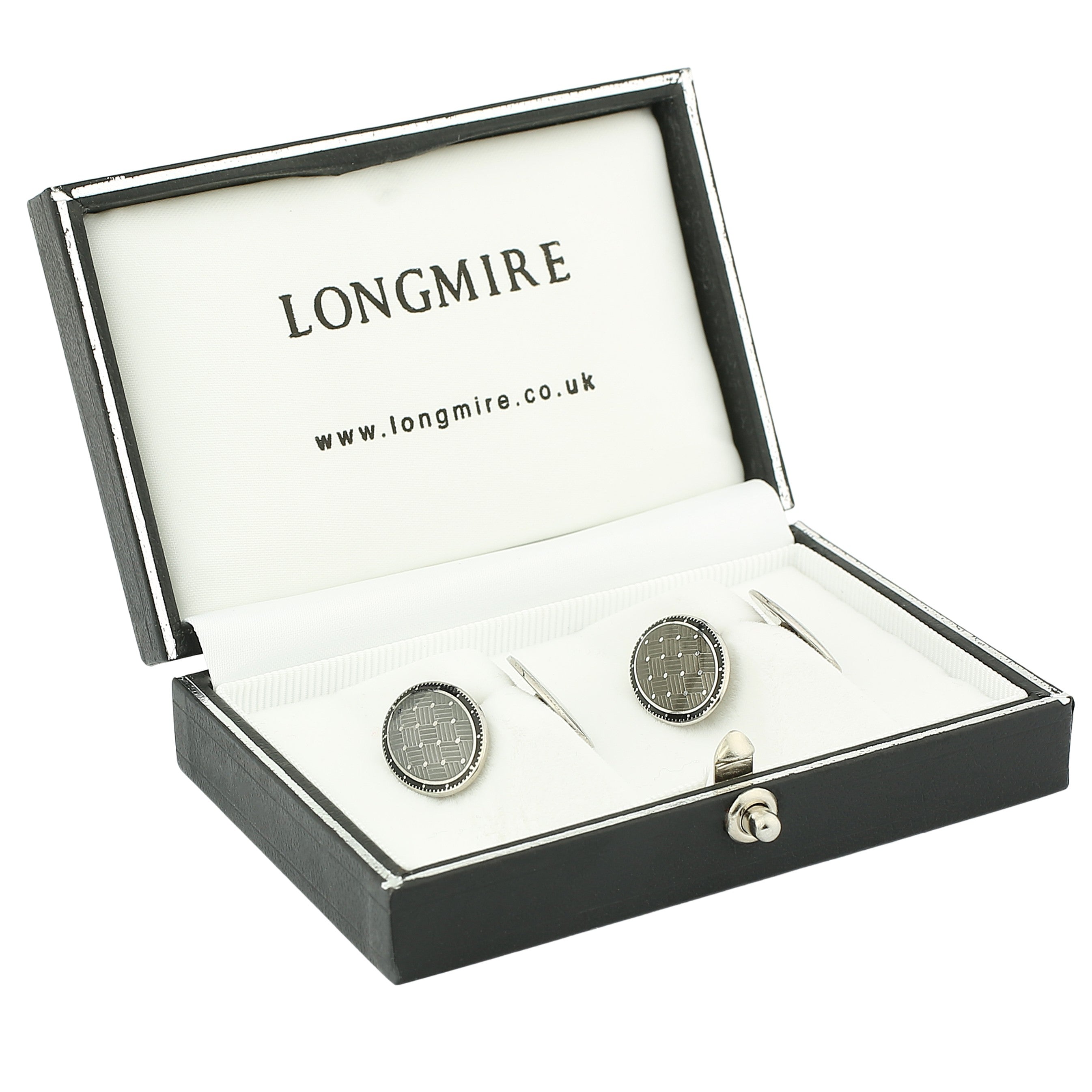 BASKET weave BLACK/graphite grey ENAMEL 18ct WHITE GOLD CUFFLINKS - boxed