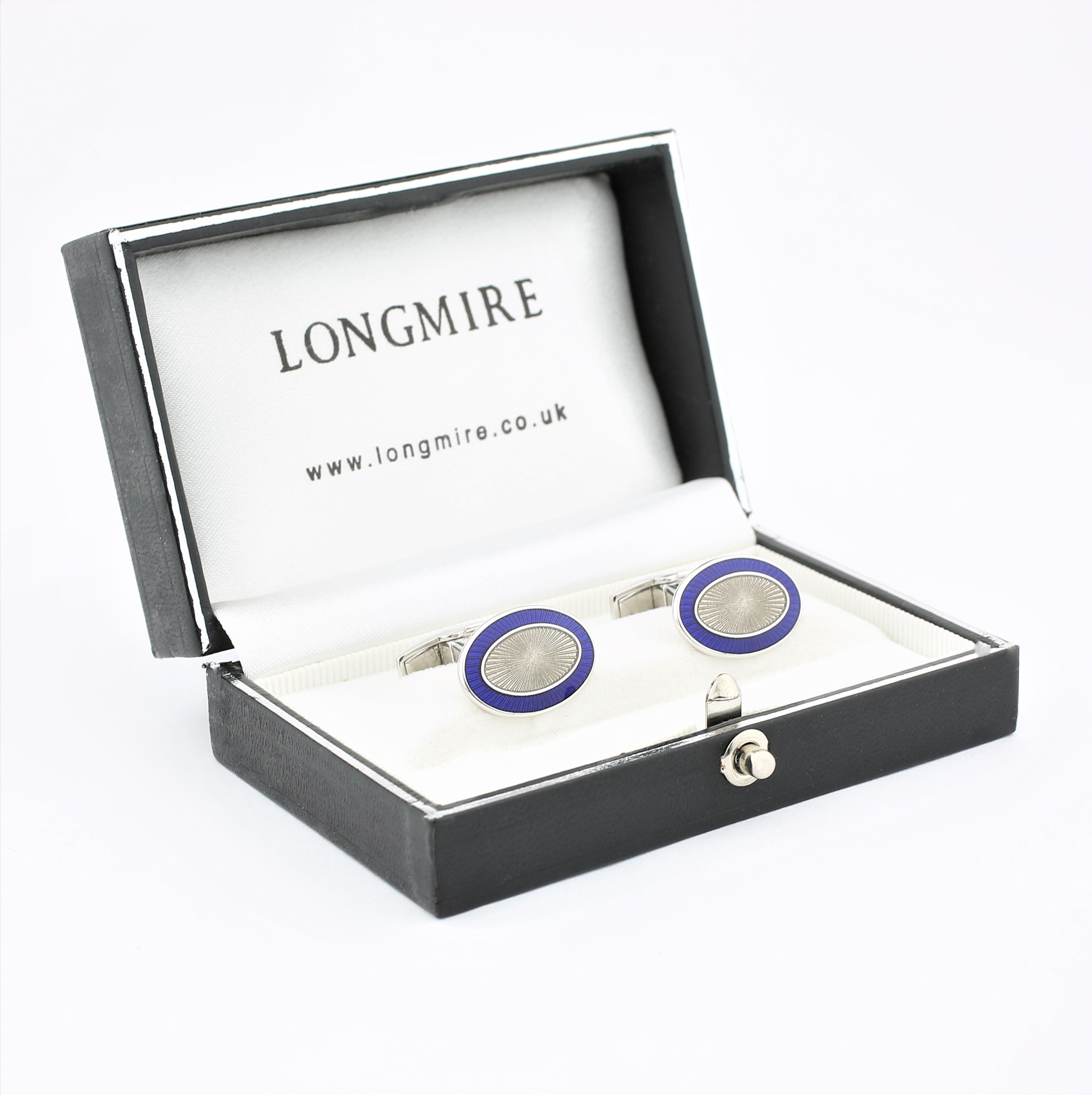 double oval blue/transparent grey enamel t-bar cufflinks 18ct white gold - boxed