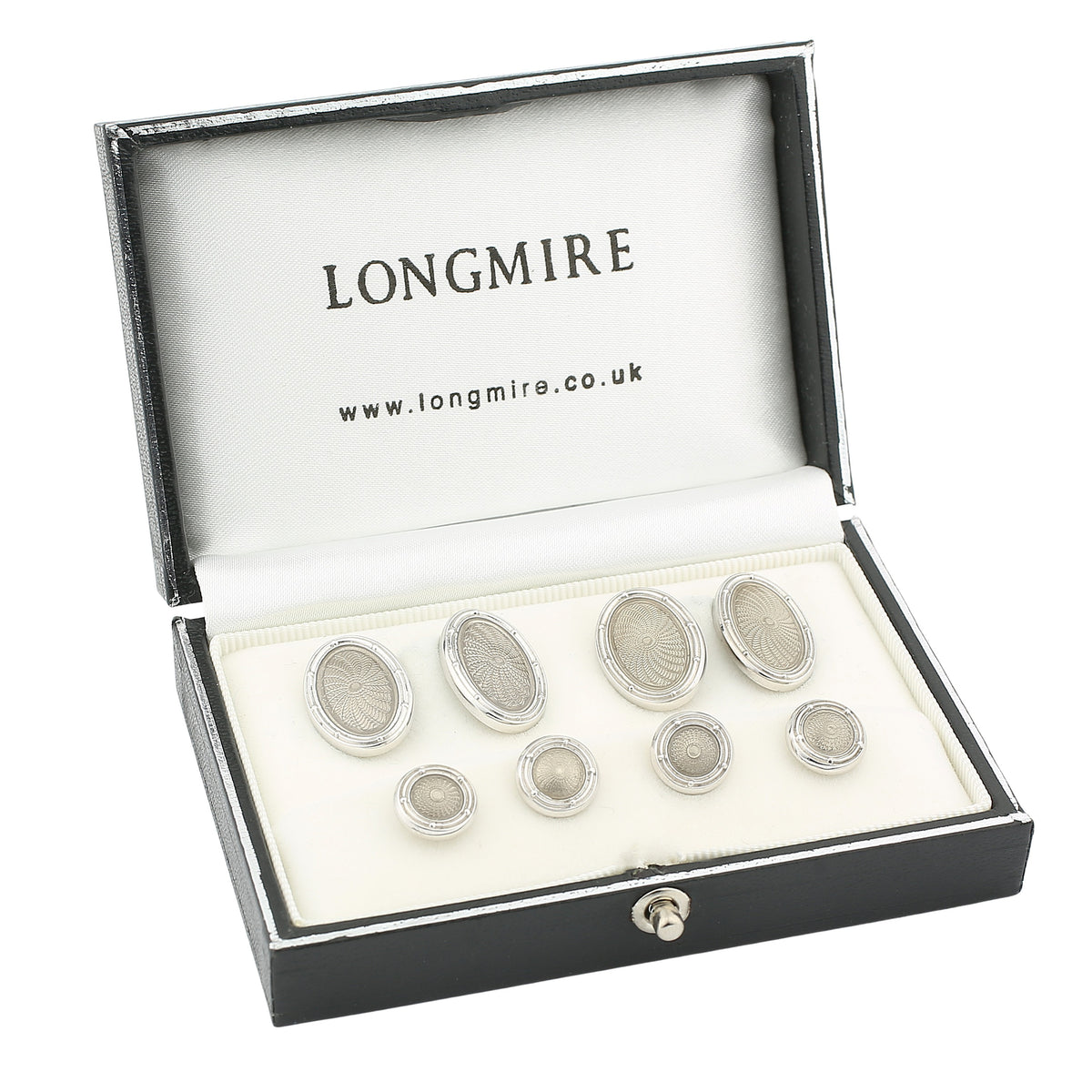 SPIRAL TRANSPARENT pale grey ENAMEL DRESS SET 18ct WHITE GOLD - boxed