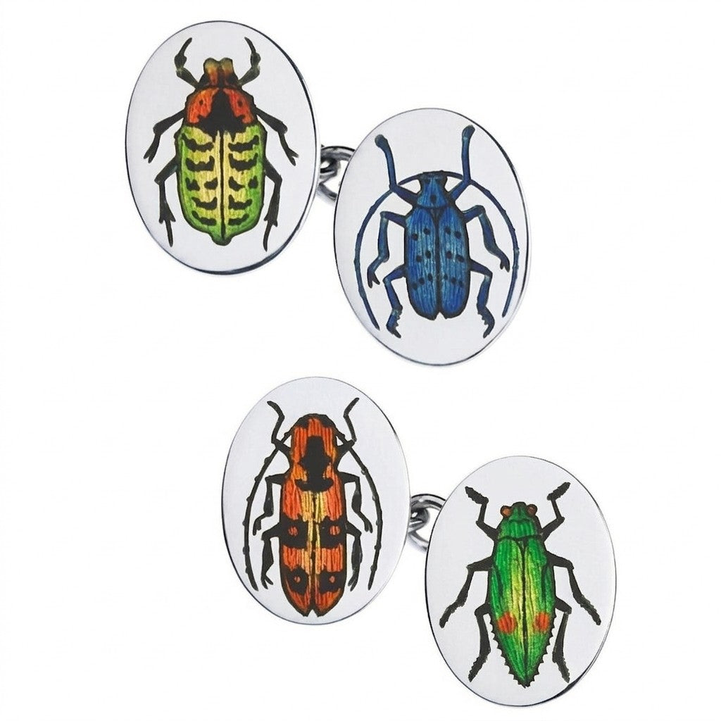 SCARAB hand enamelled 18ct white gold CUFFLINKS