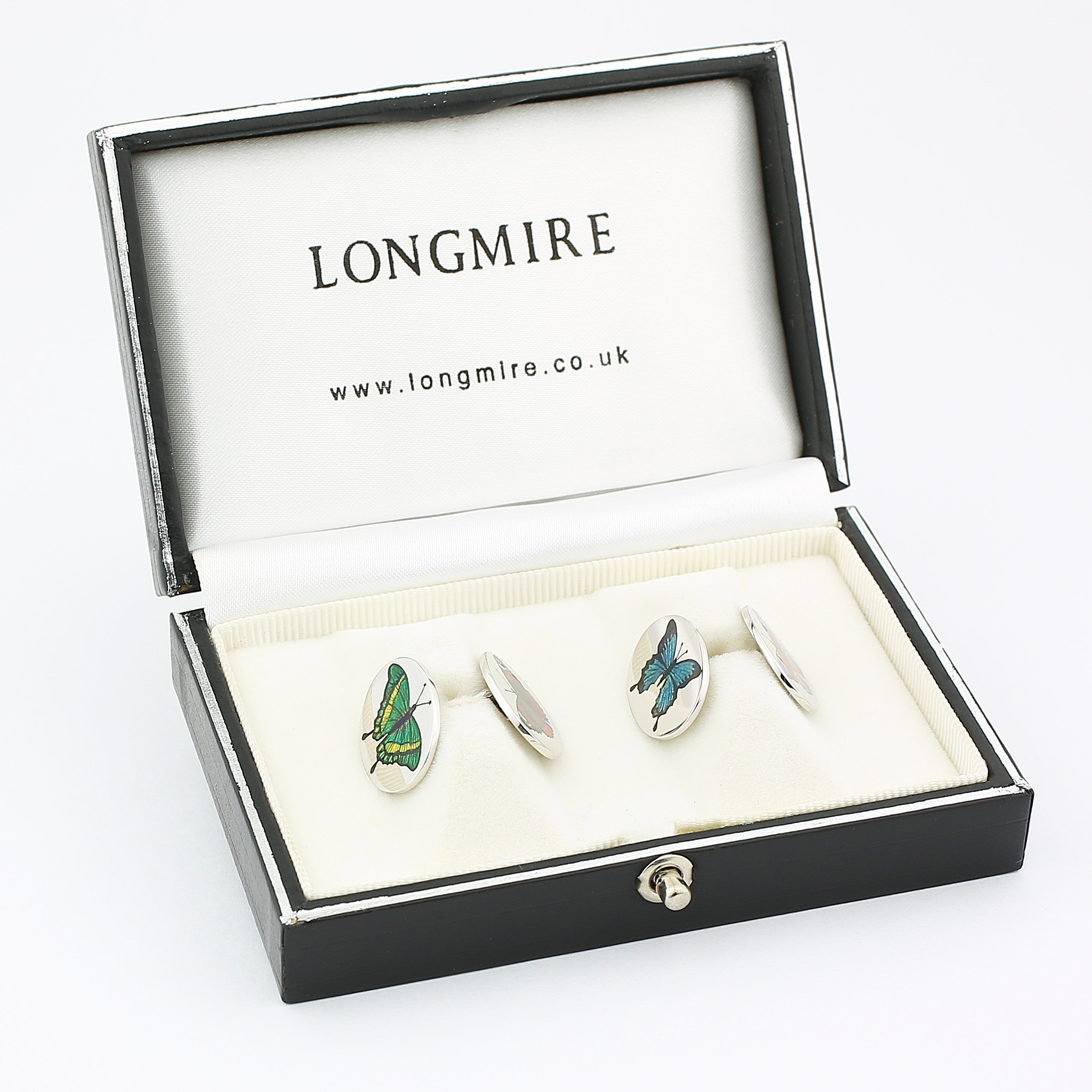 butterflies hand enamelled 18ct white gold cufflinks - boxed