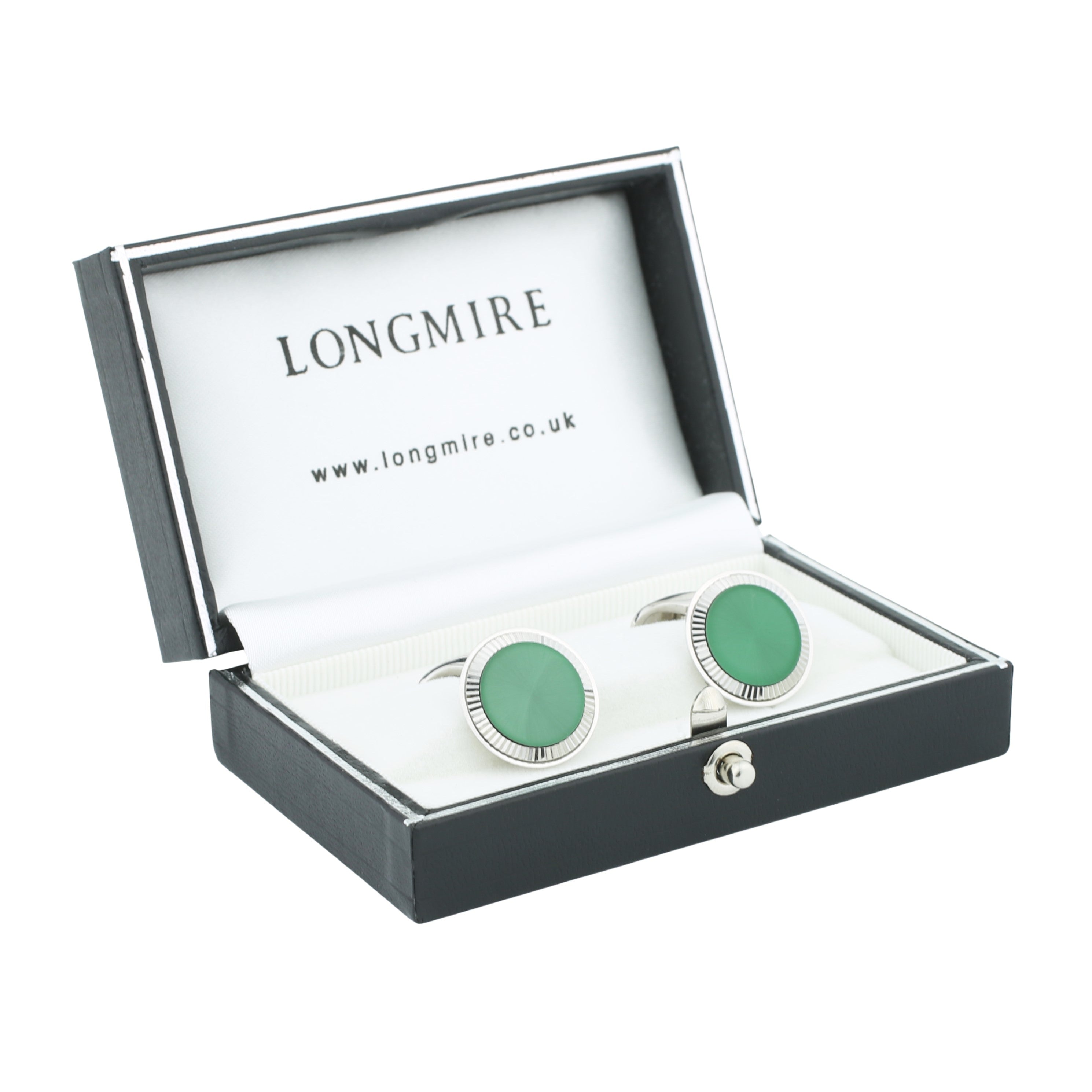 GREEN ENAMEL FLUTED 18ct WHITE GOLD CUFFLINKS - boxed