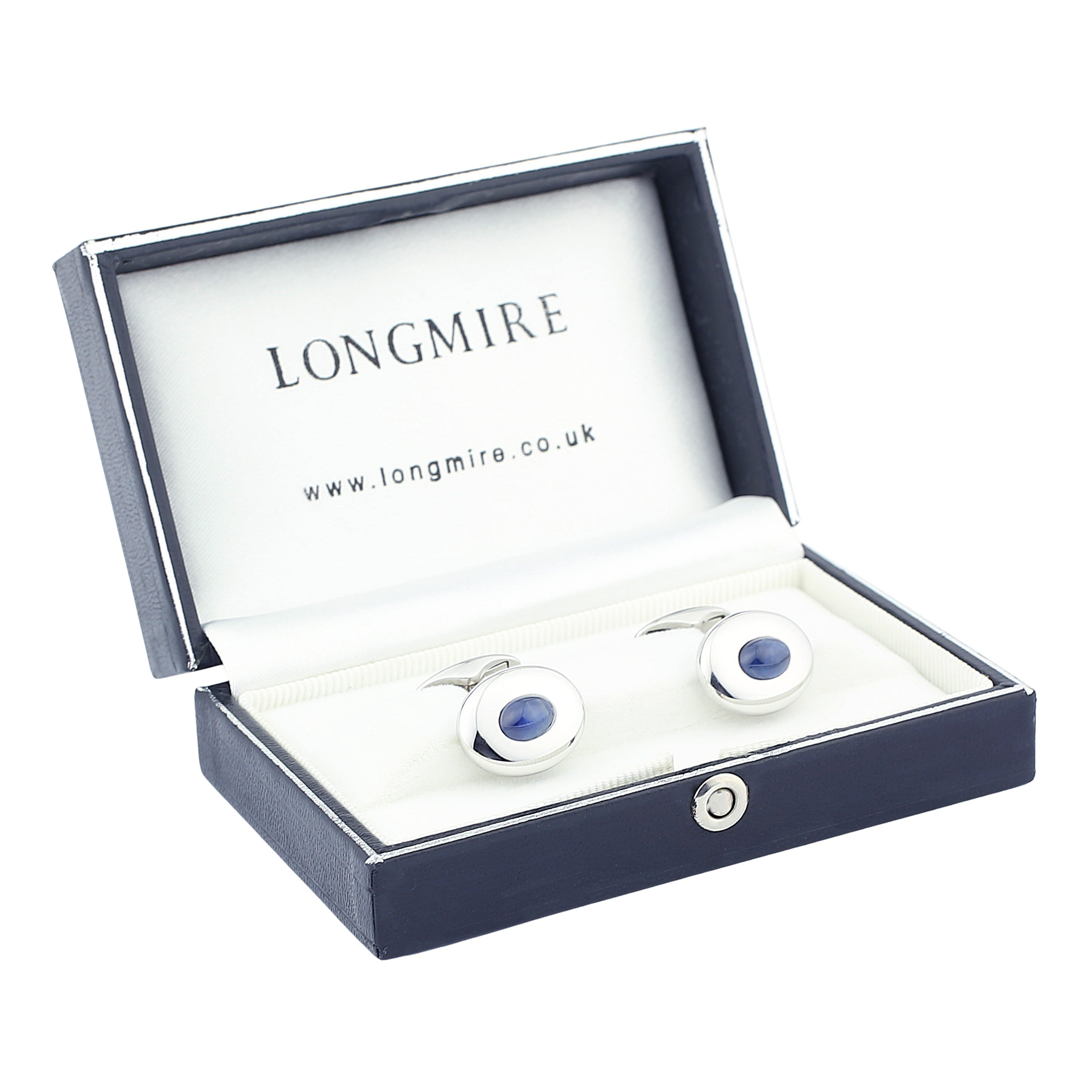 oval sapphire cabochon centred 18ct white gold cufflinks - boxed