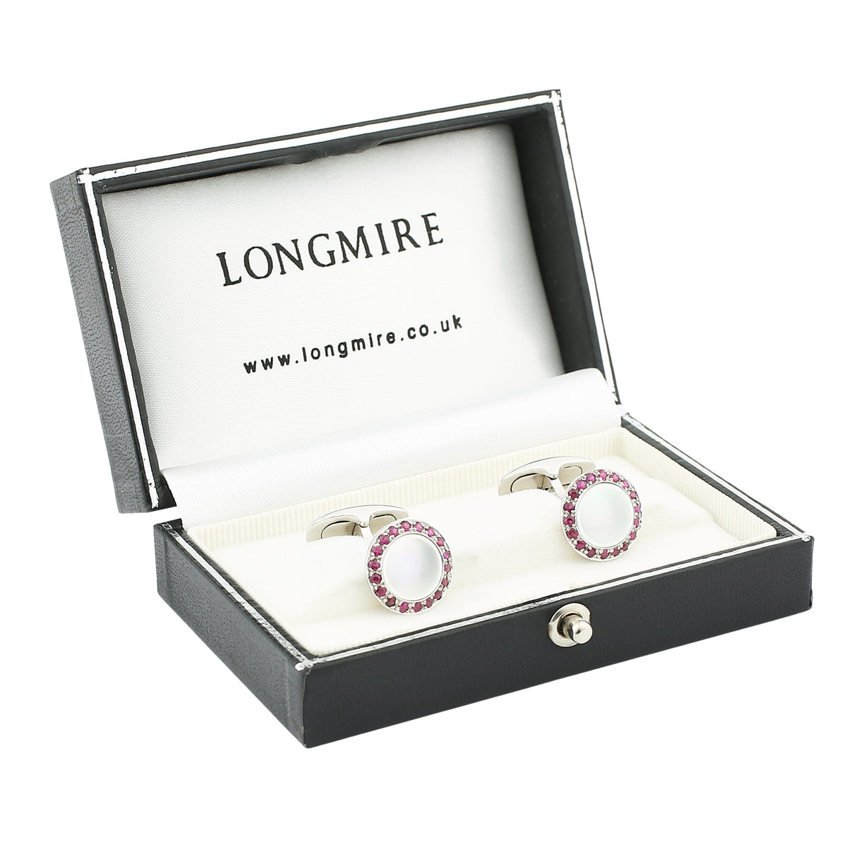 ruby circle mother of pearl 18ct white gold cufflinks - boxed