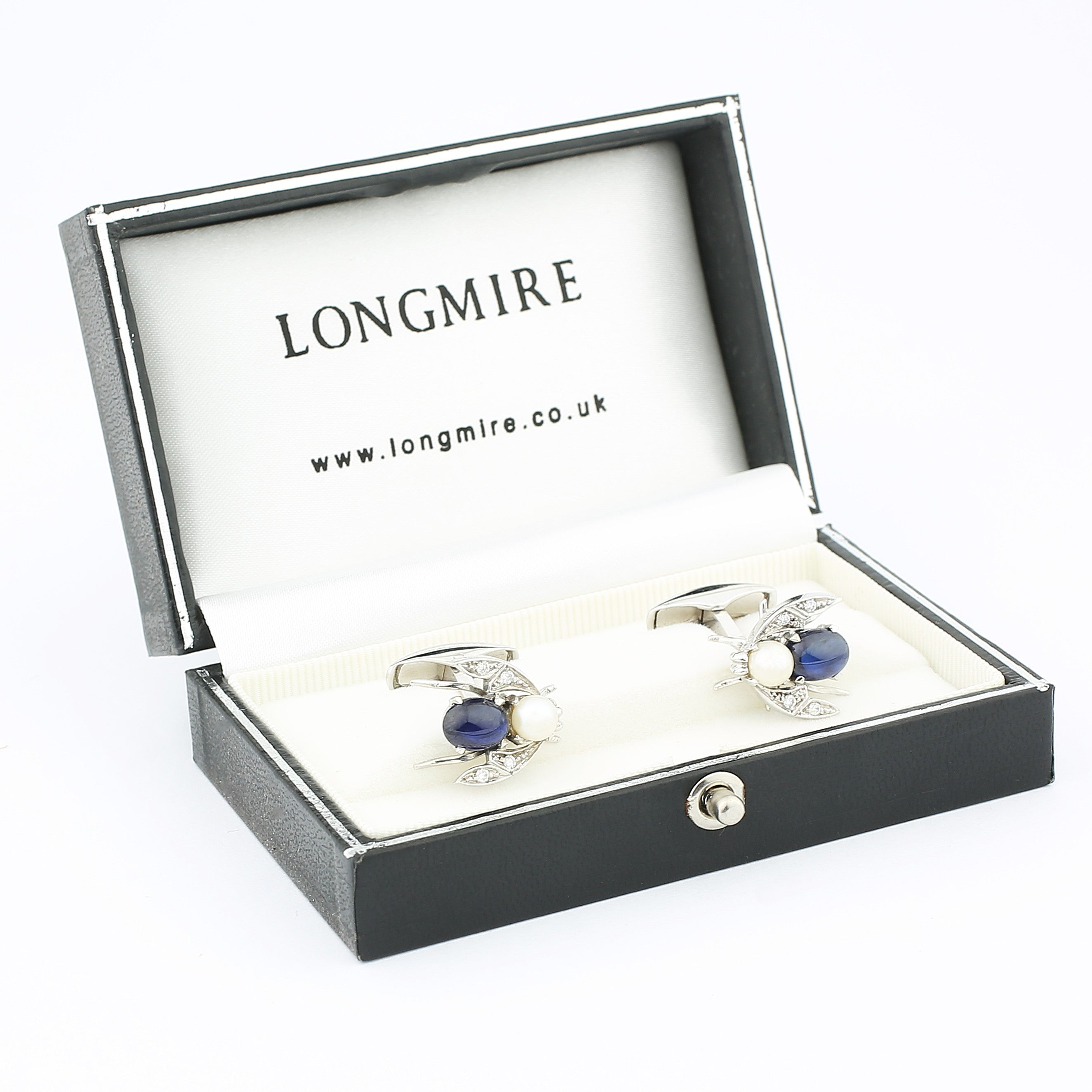bee pearl and diamond 18ct white gold CUFFLINKS - boxed