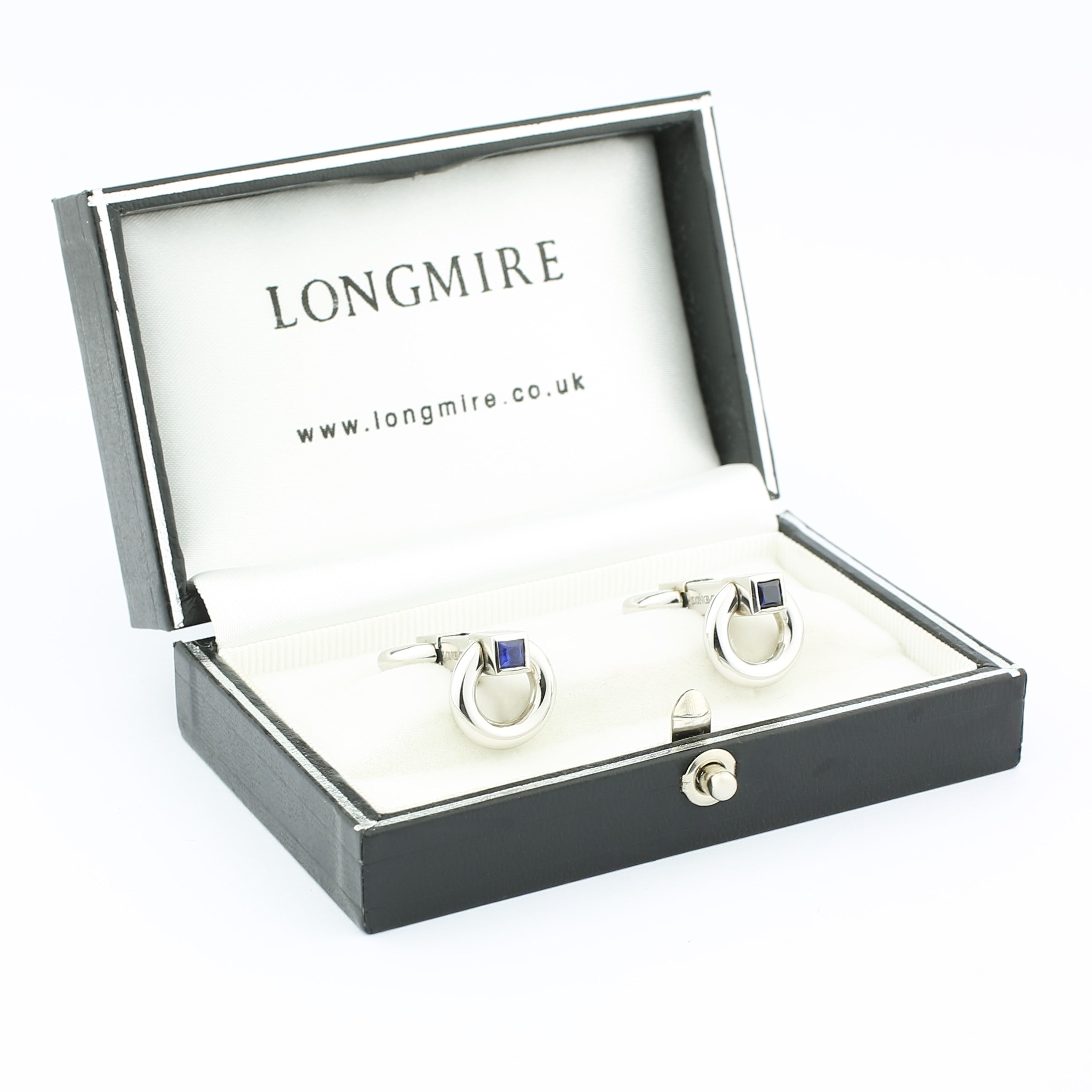 circular snaffle sapphire terminal 18k white gold cufflinks - boxed