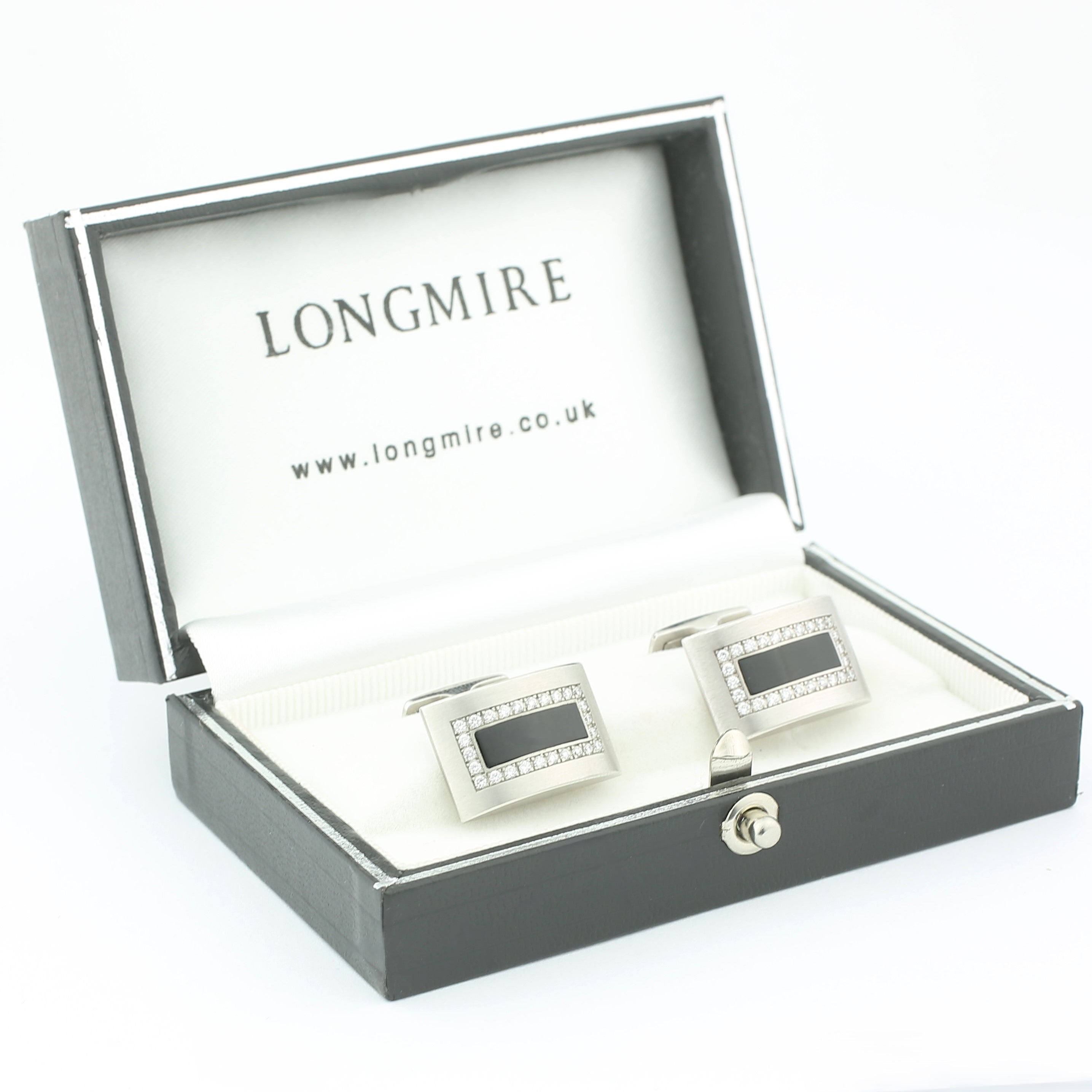 onyx diamond oblong 18ct white gold cuflinks - boxed