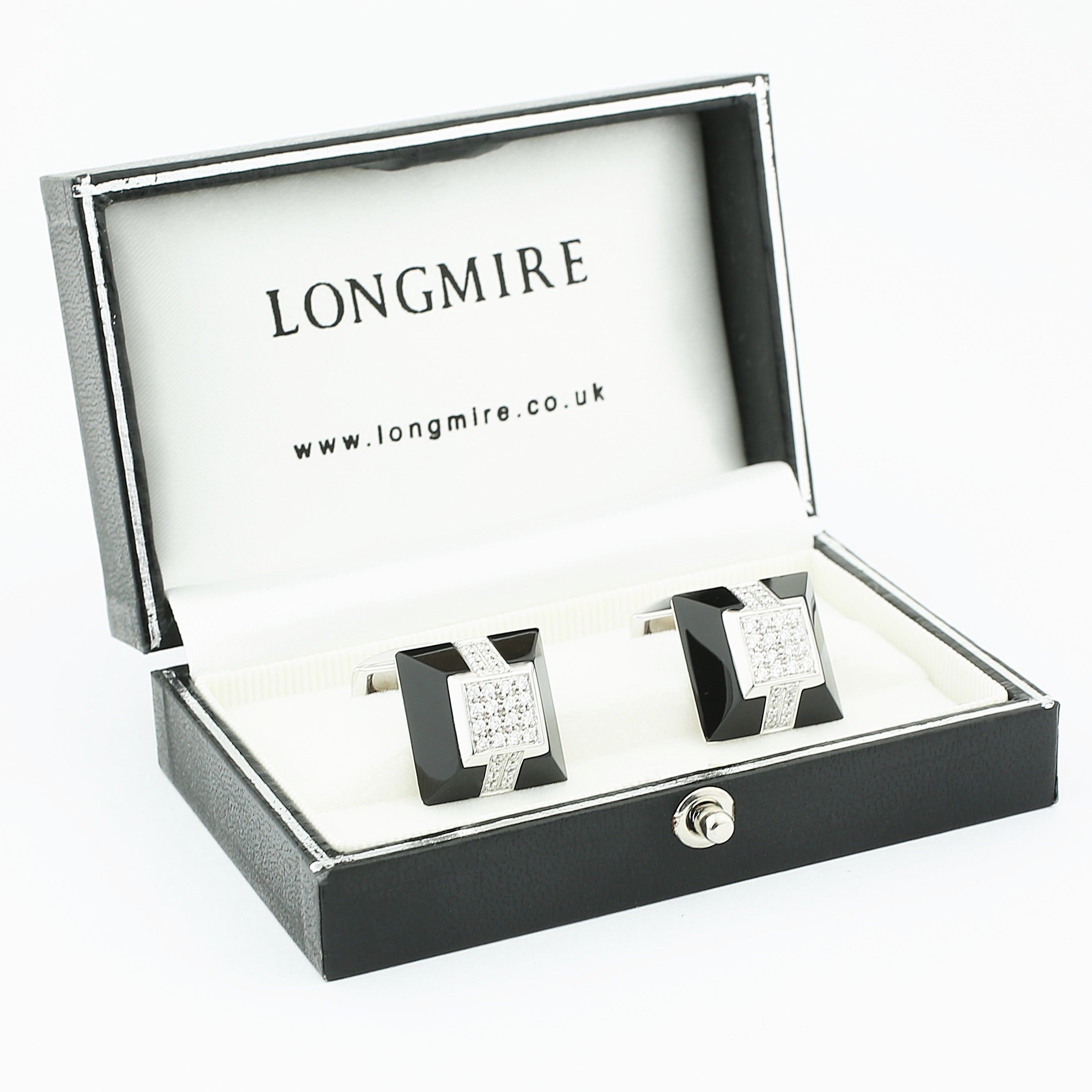 ribboned onyx diamond pyramid 18ct WHITE GOLD CUFFLINKS - boxed