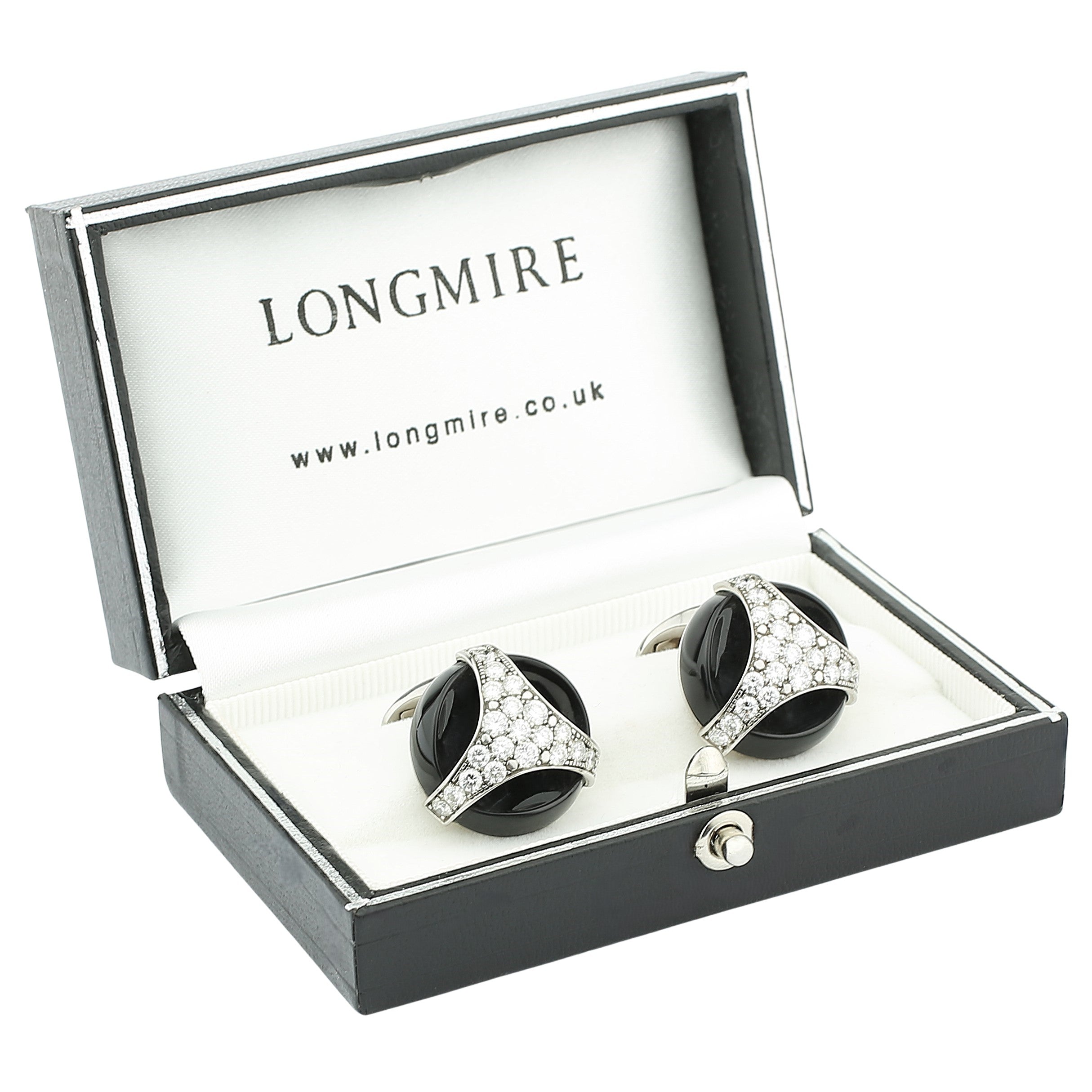 extravagant polished onyx diamond set 18ct white gold cufflinks - boxed