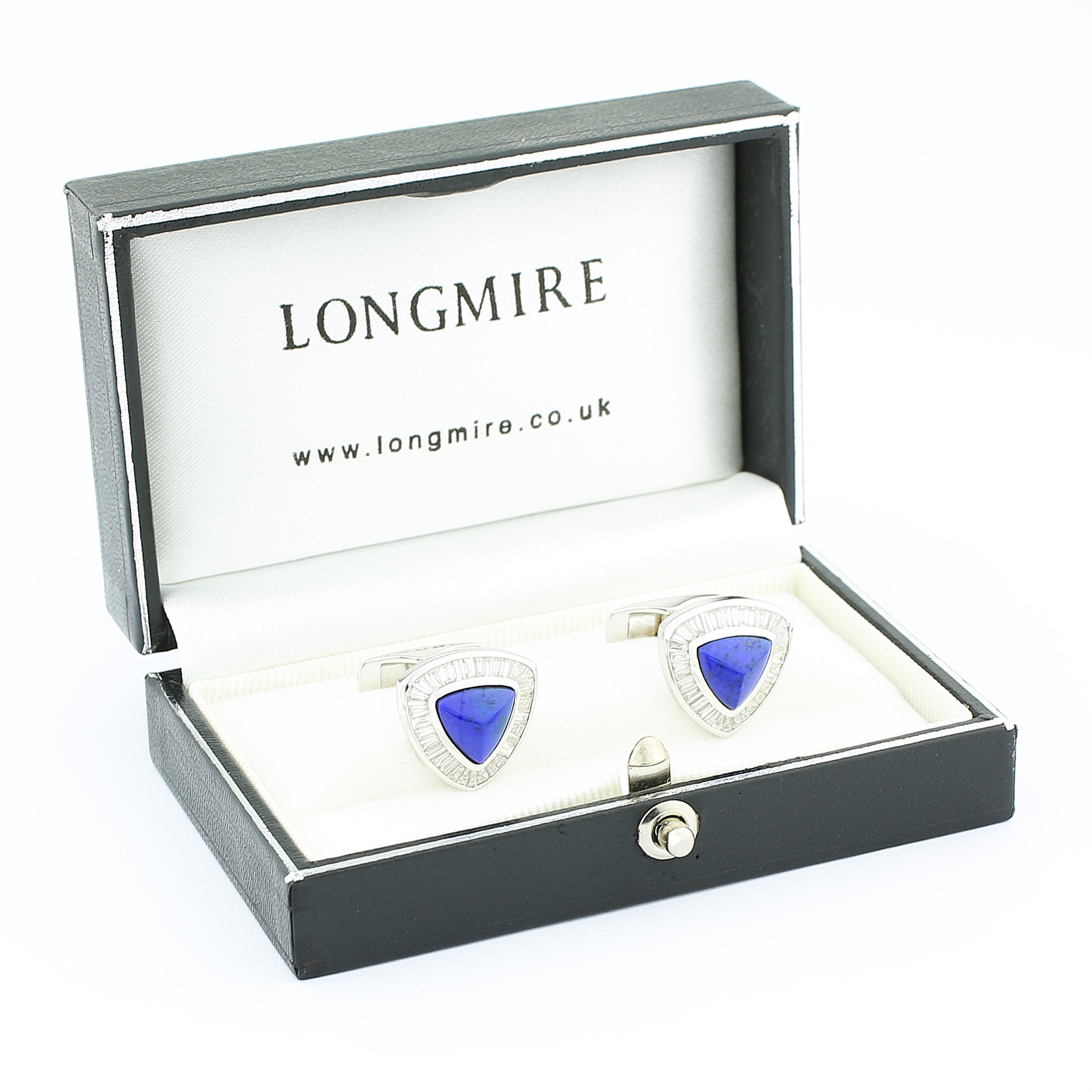 lapis lazuli diamond triangle 18ct white gold cufflinks - boxed