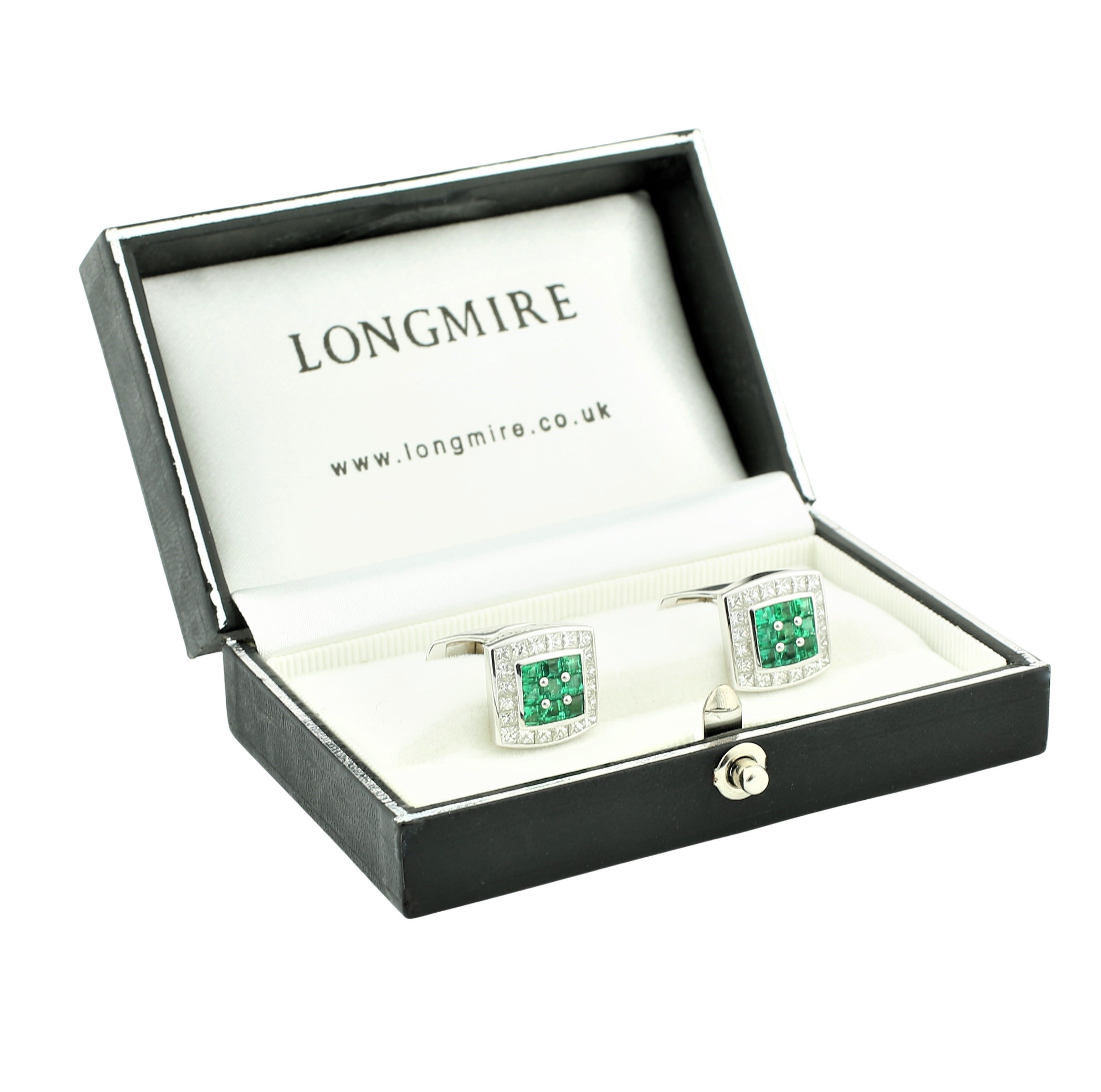 emerald set square 18ct white gold cufflinks - boxed