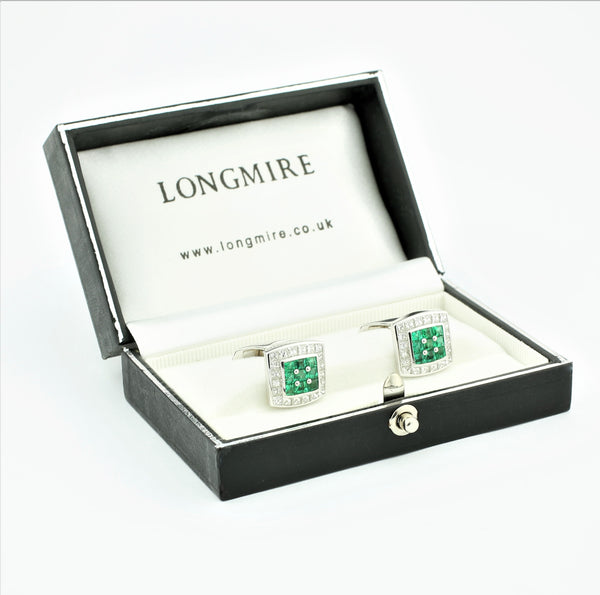 emerald set square 18ct white gold cufflinks - boxed