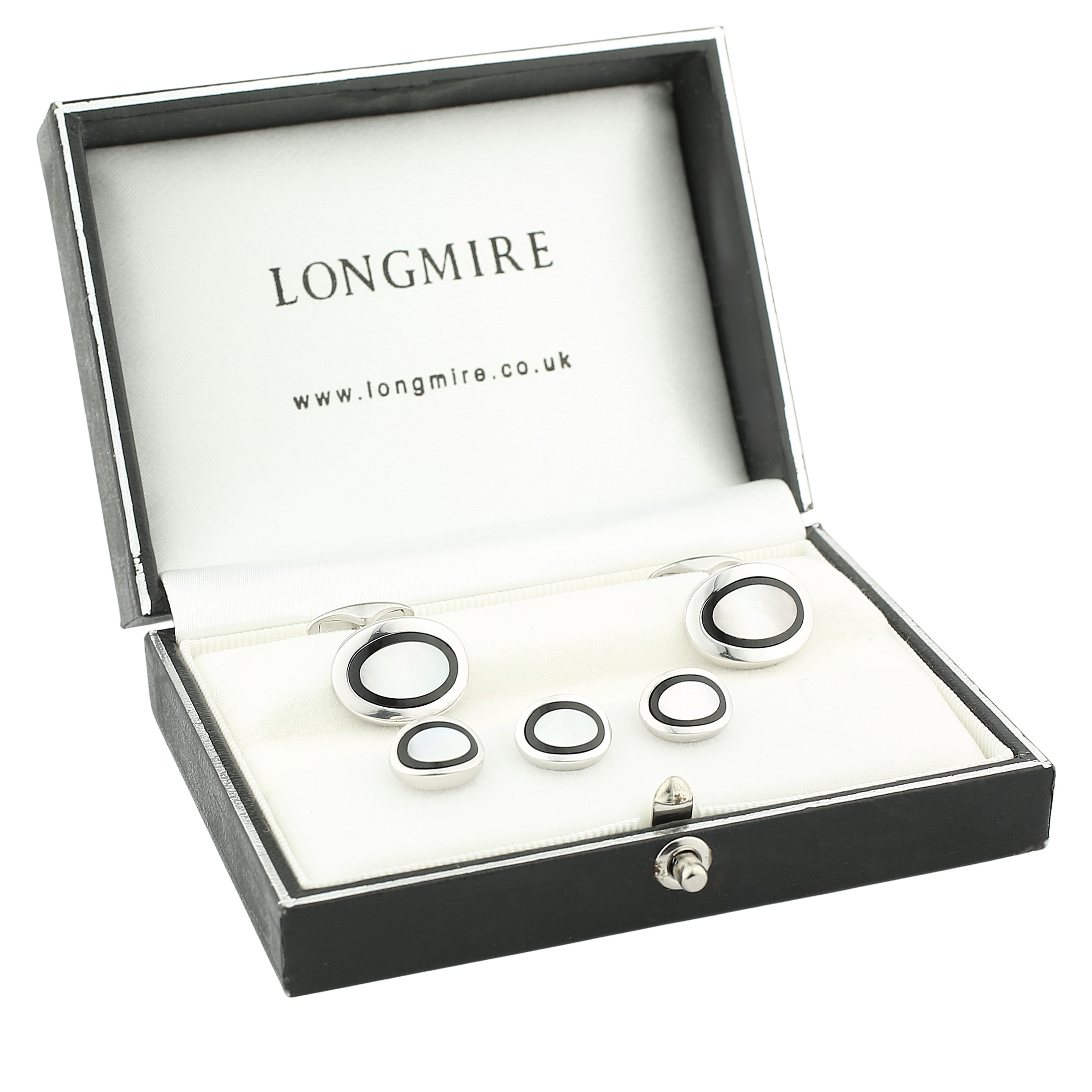 ONYX AND MOTHER OF PEARL DRESS SET 18CT WHITE GOLD - boxed