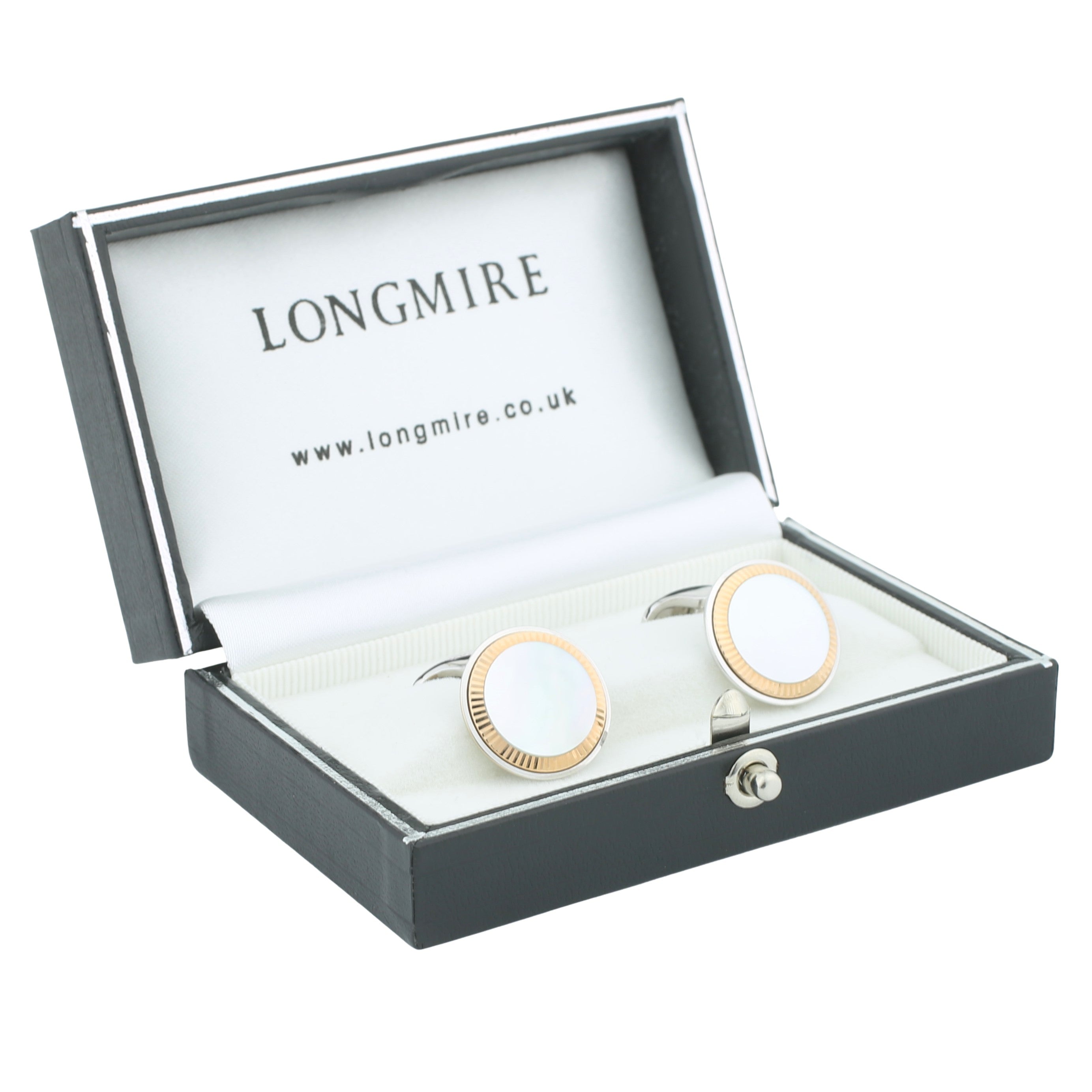 mother of pearl FLUTED 18ct WHITE GOLD CUFFLINKS - boxed