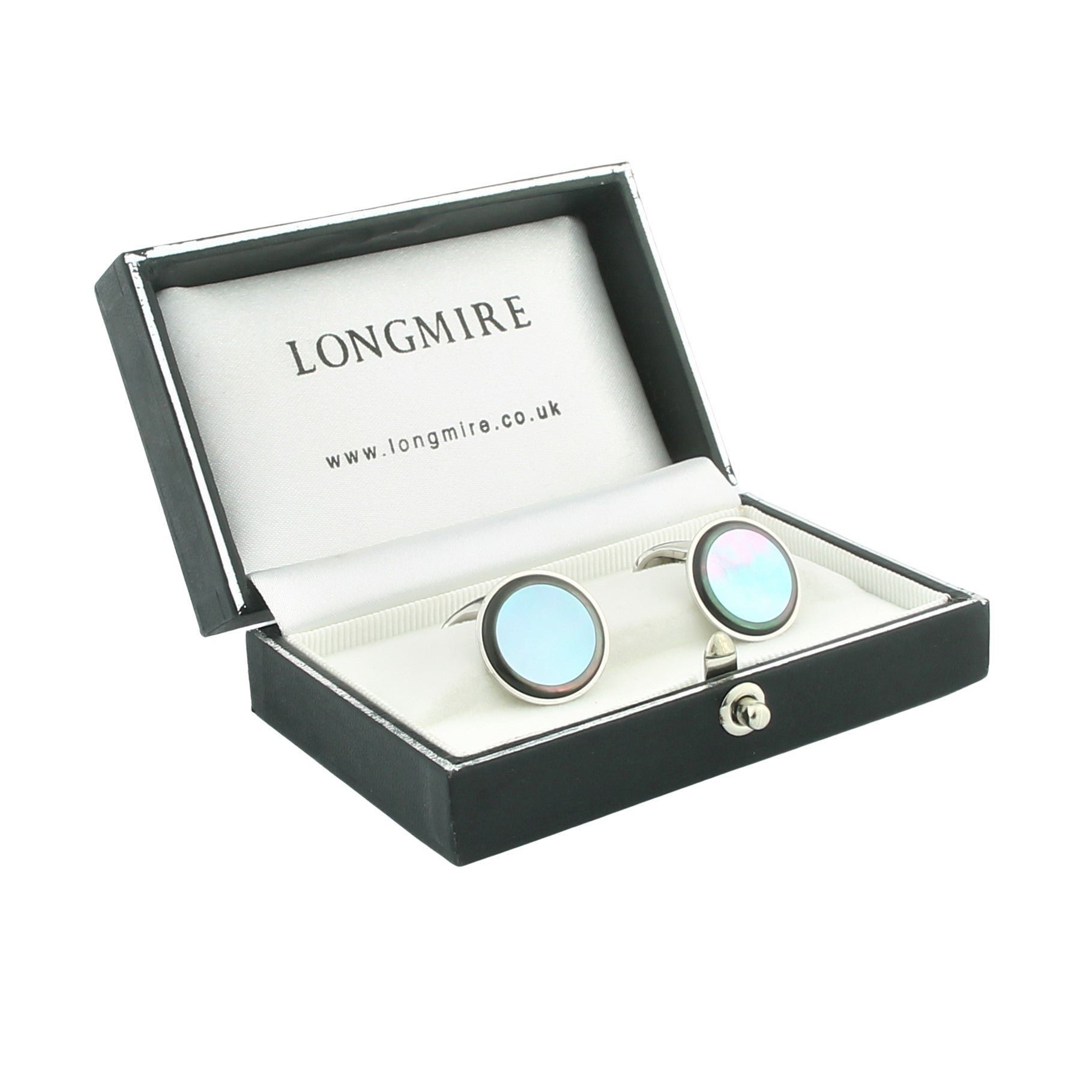 PALE BLUE TAHITIAN MOTHER OF PEARL 18ct WHITE GOLD CUFFLINKS - boxed