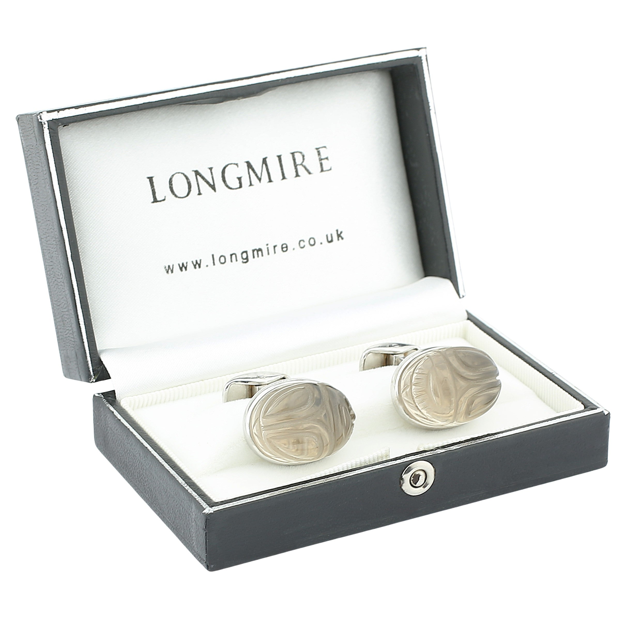 smoky quartz scarab 18ct white gold cufflinks - boxed