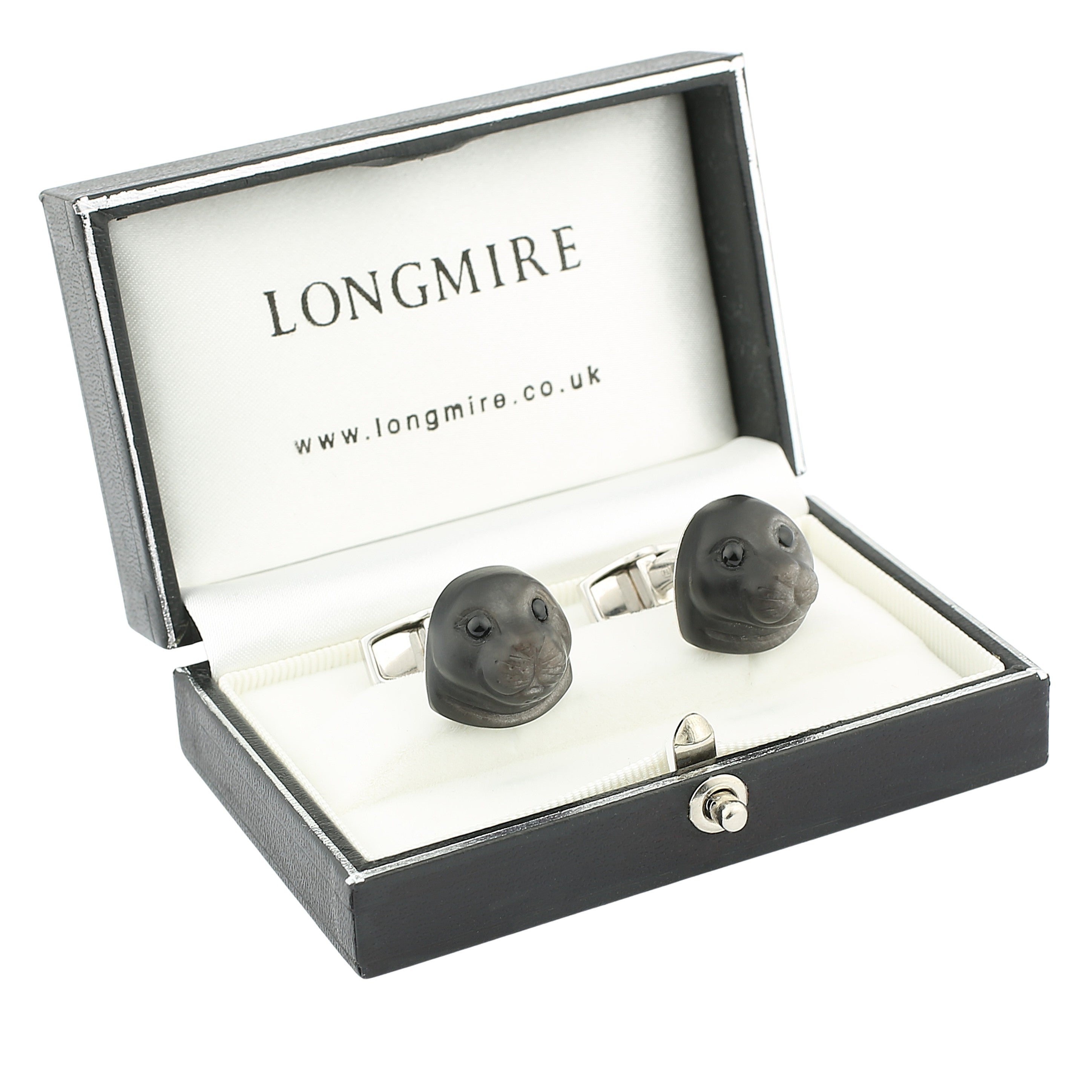seal obsidian 18ct white gold cufflinks - boxed