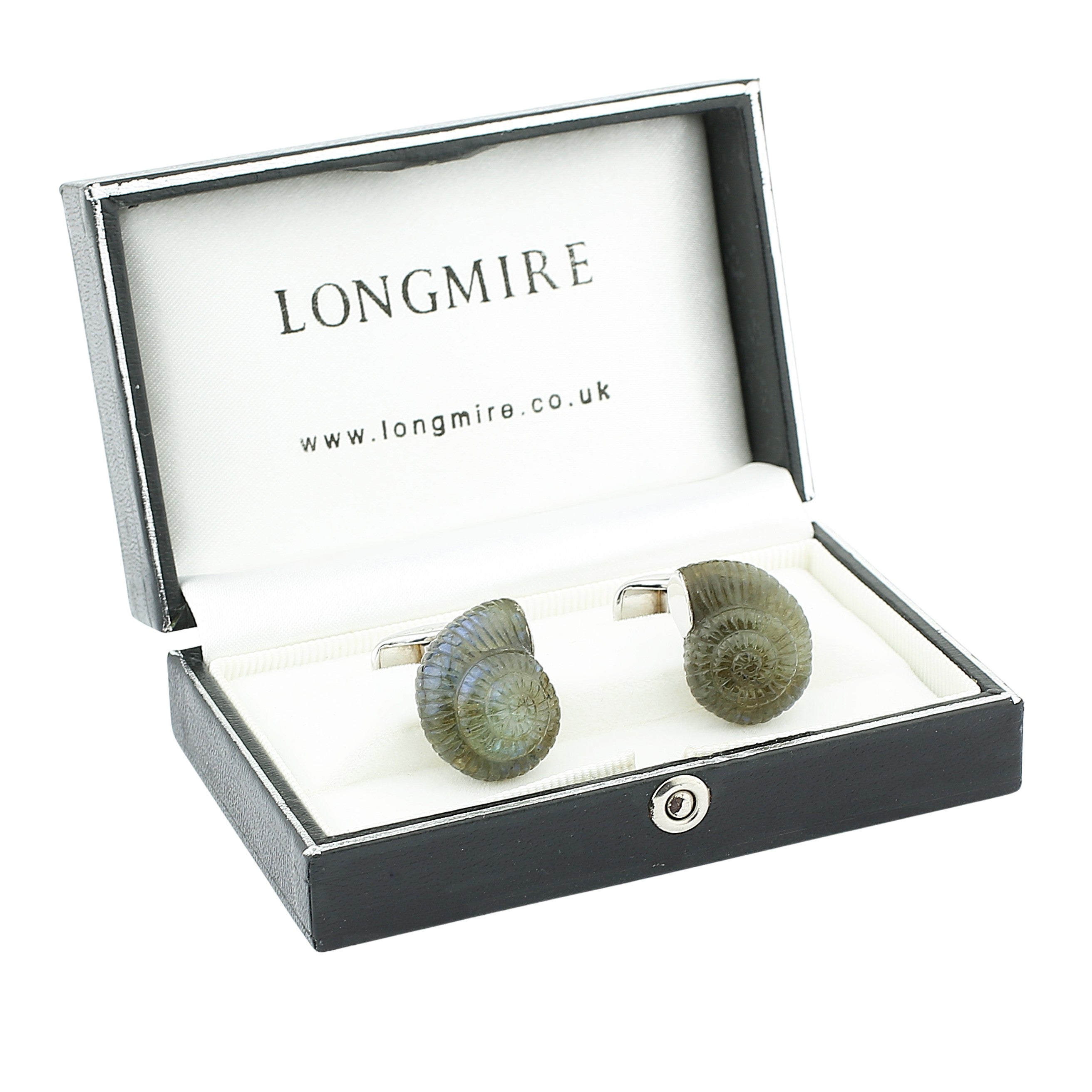 ammonite shell labradorite 18ct white gold cufflinks - boxed