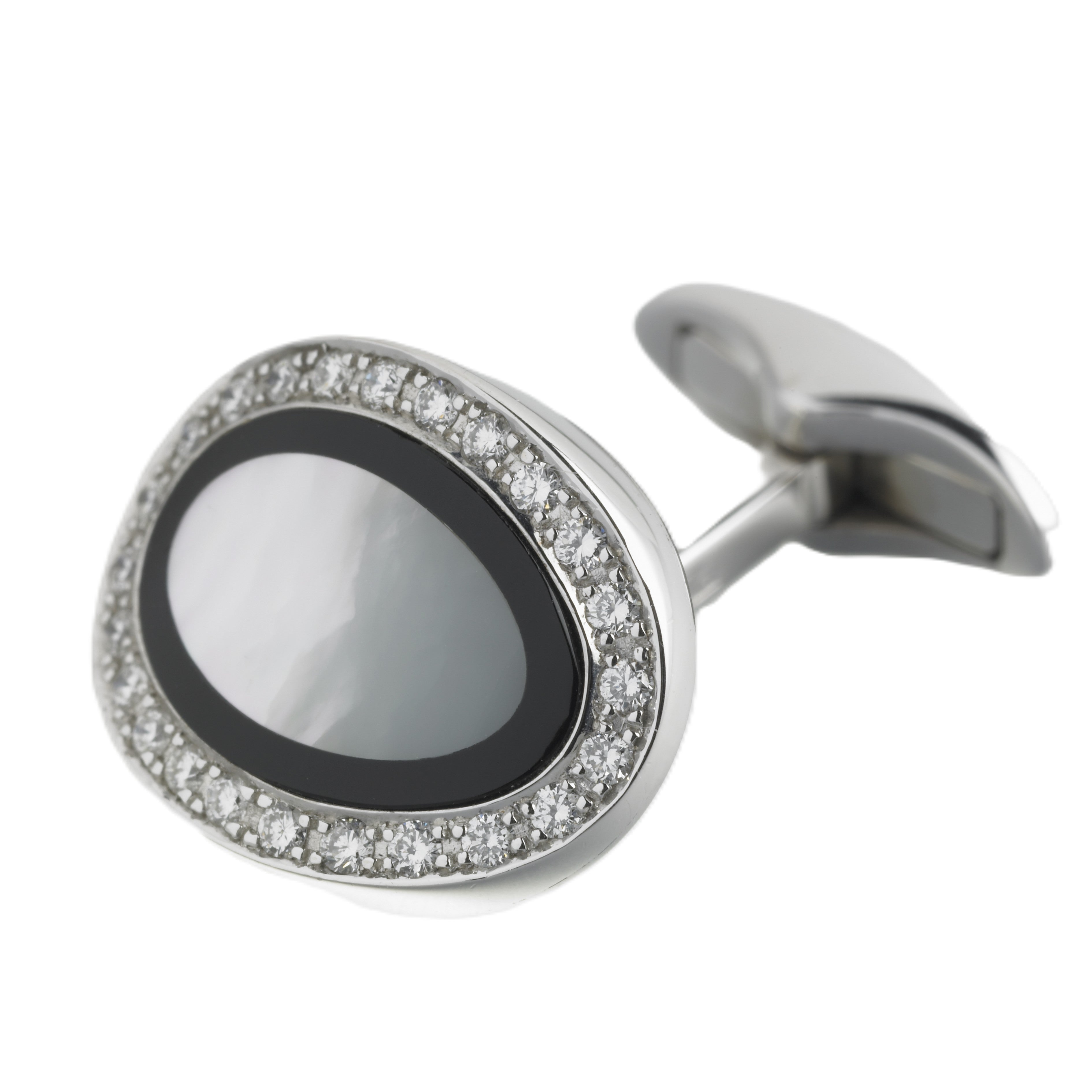 DIAMOND SET ONYX AND MOTHER OF PEARL cufflink 18ct WHITE GOLD - cufflink