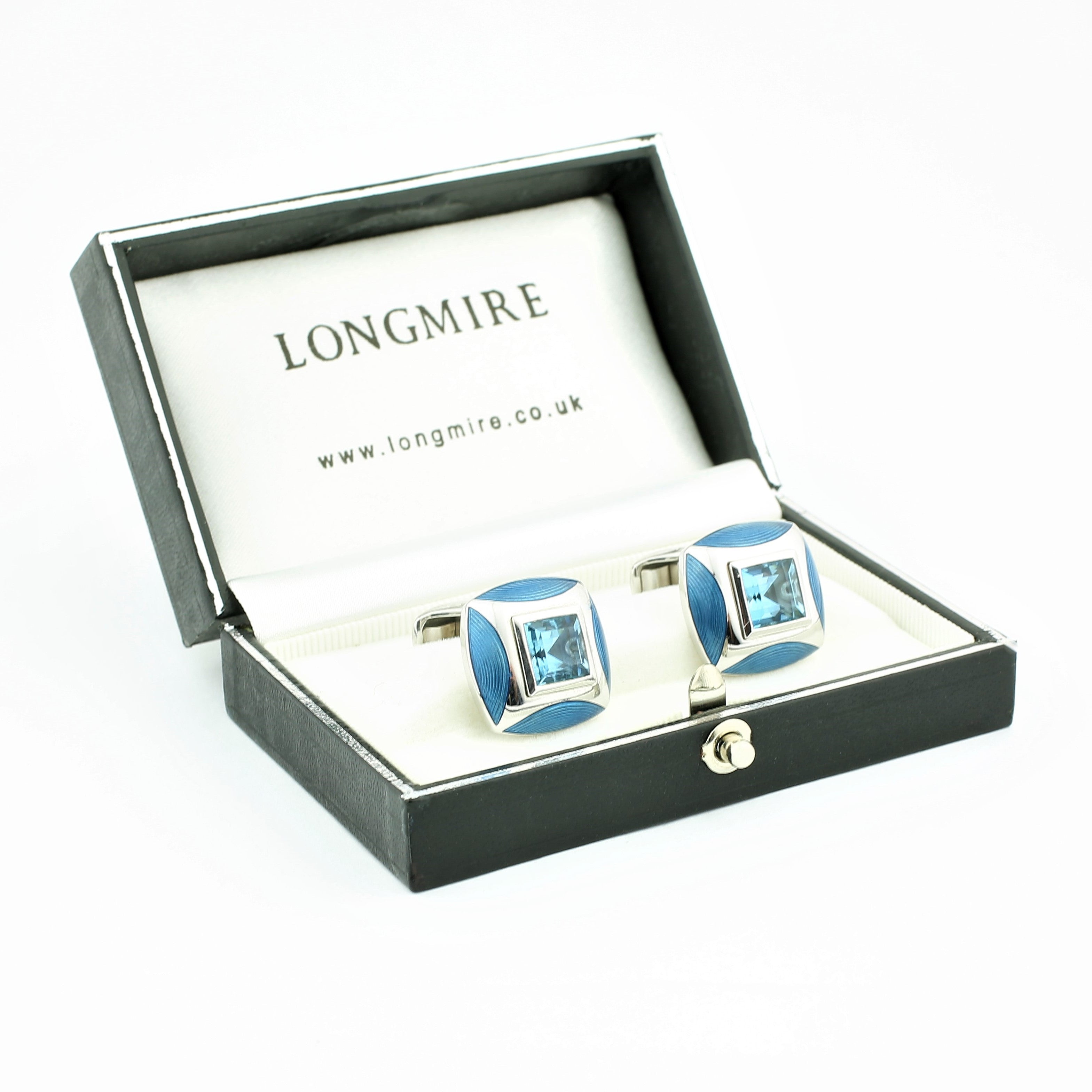 aquamarine blue enamel 18ct white gold cufflinks - boxed