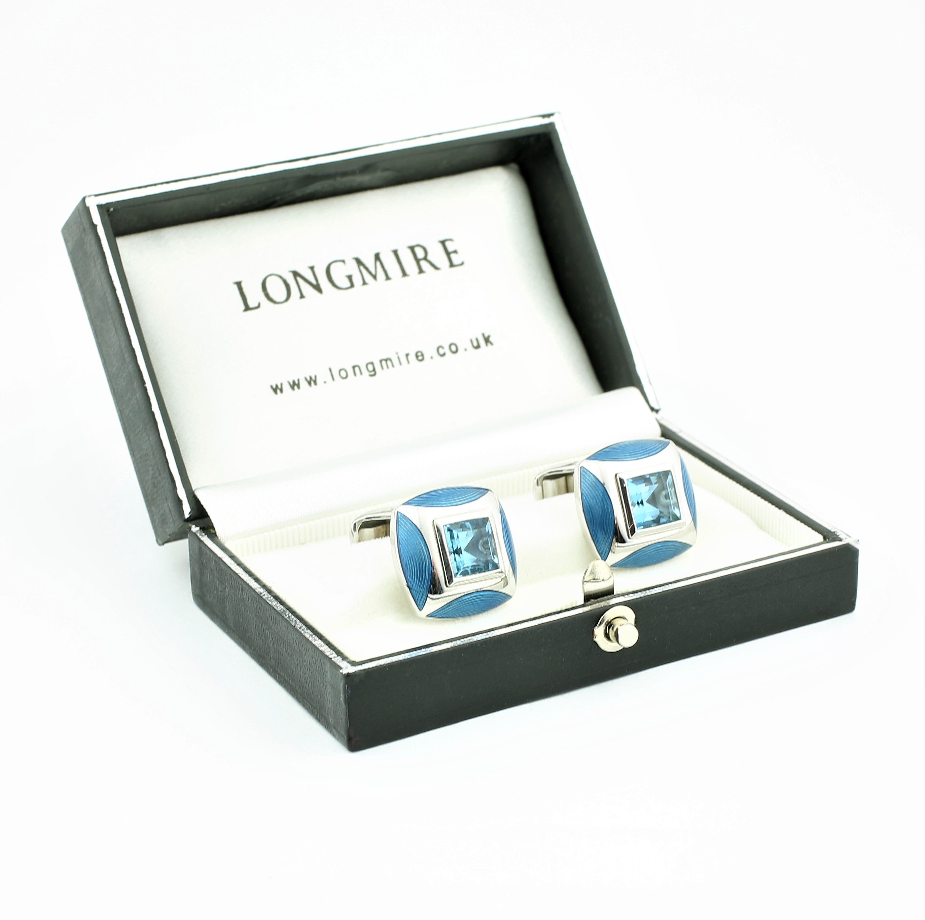 aquamarine blue enamel 18ct white gold cufflinks - boxed