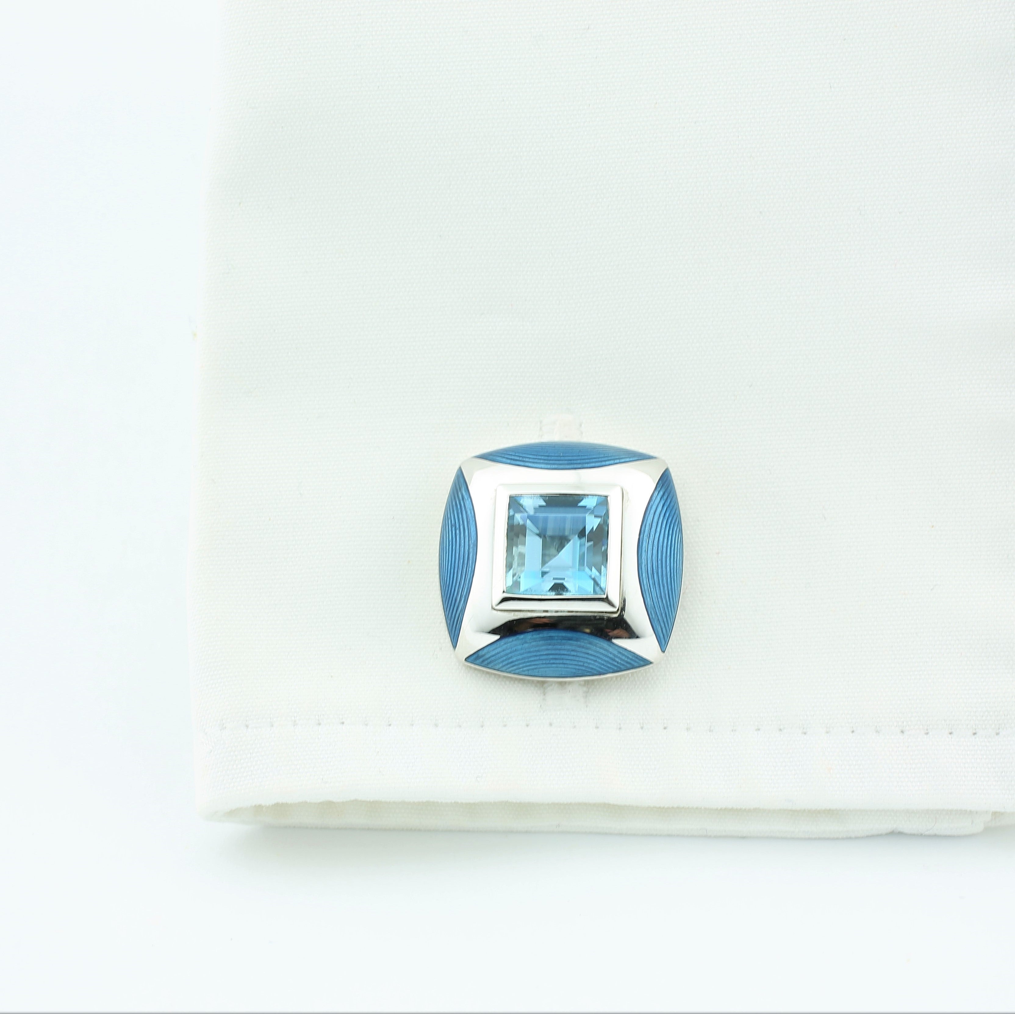 aquamarine blue enamel 18ct white gold cufflinks - cuff