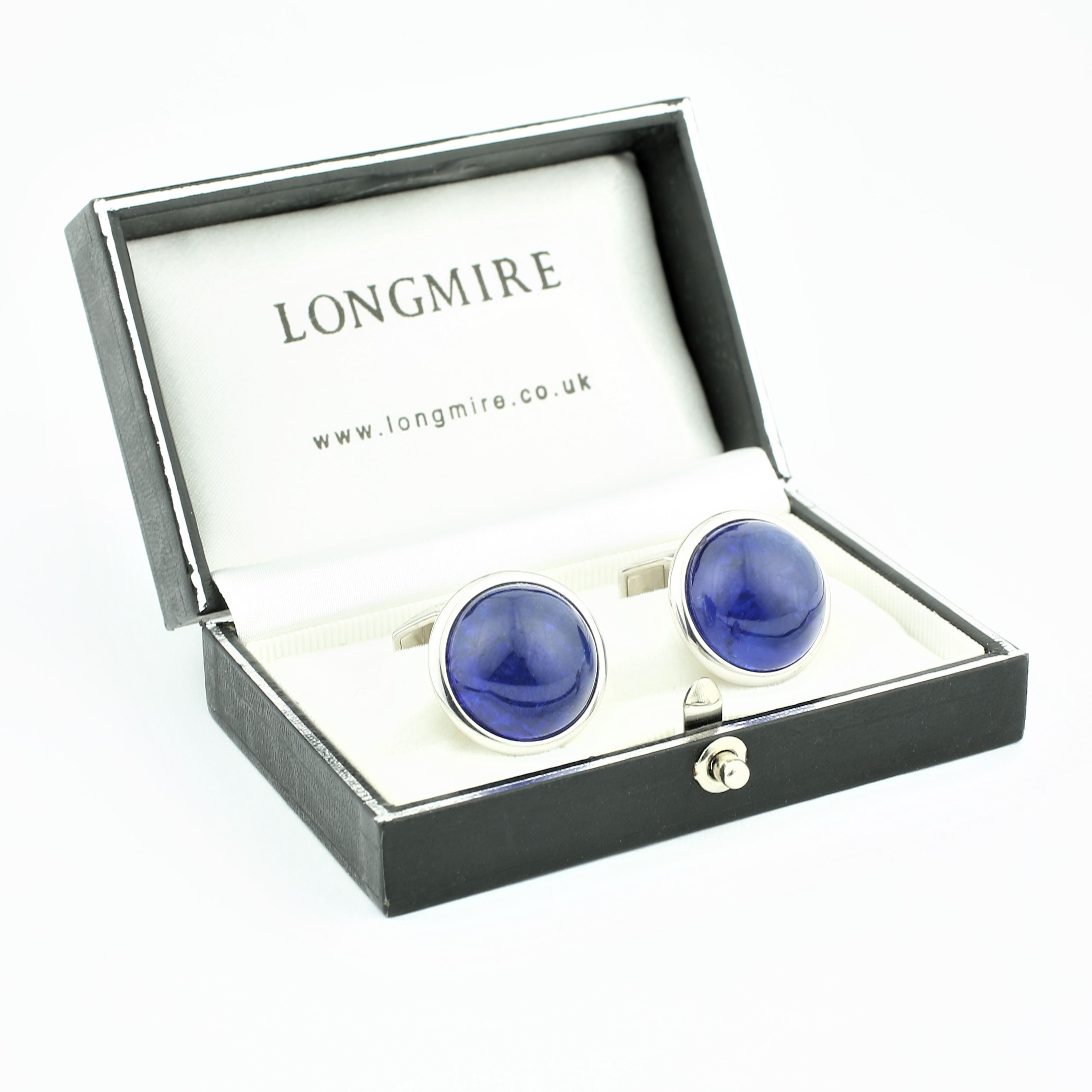 circular Tanzanite cabochon 18ct white gold cufflinks - boxed