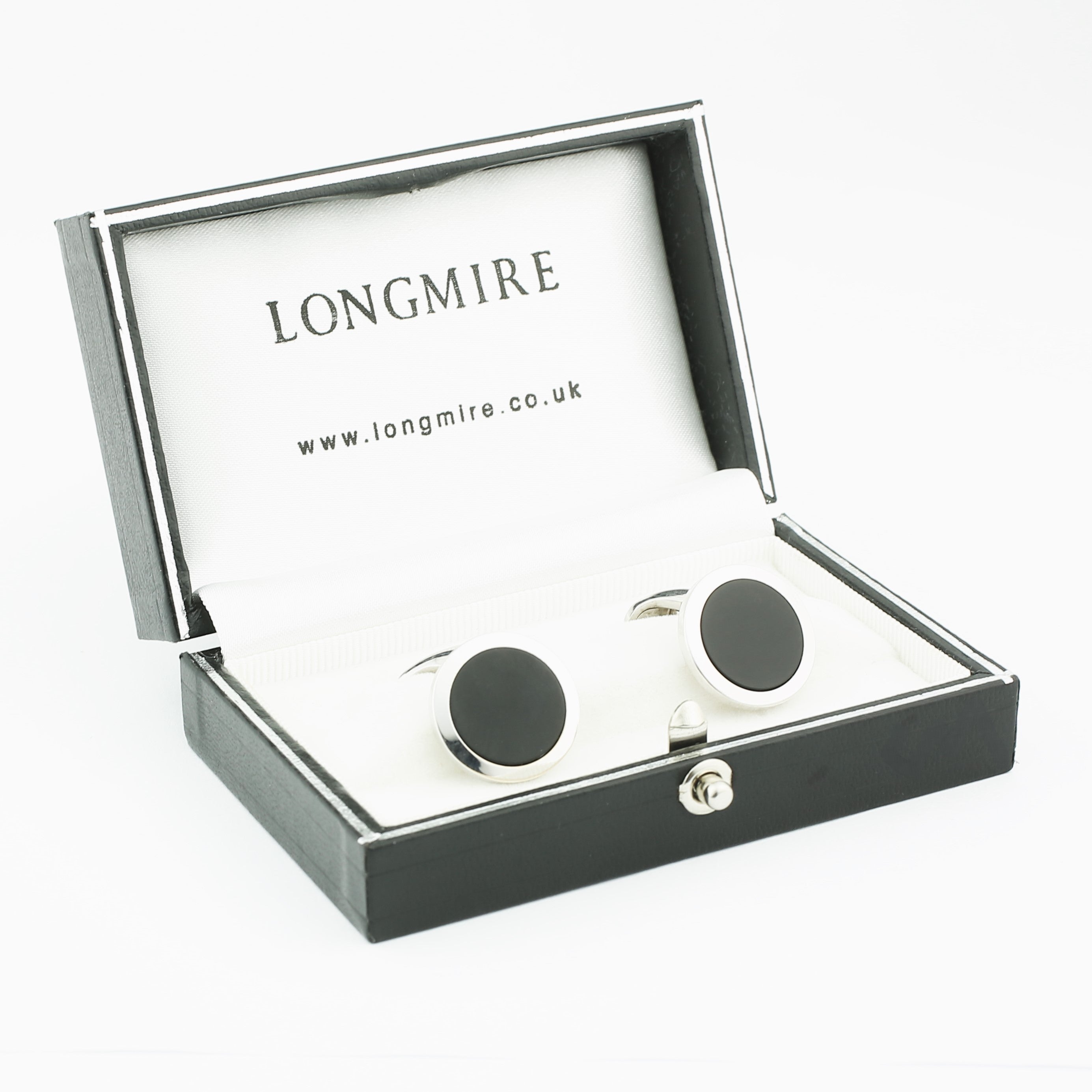 matt onyx circular 18ct white gold cufflnks - boxed